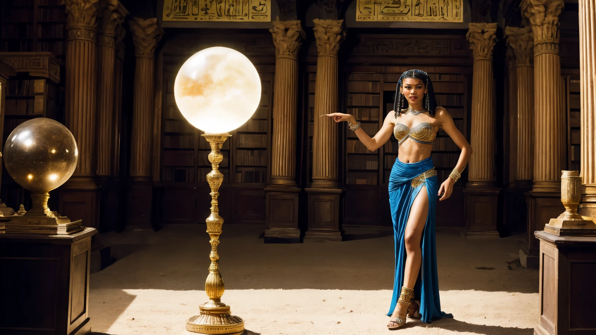 zendaya portrayed as Cleopatra, holding an extremely bright blue sphere,inside an ancient papyrus library from ancient Egypt, phothotorealistic scene, dramatic, cinematic, 4k resoltion, hyperdetailed, dramatic scene, full body angle, front view,