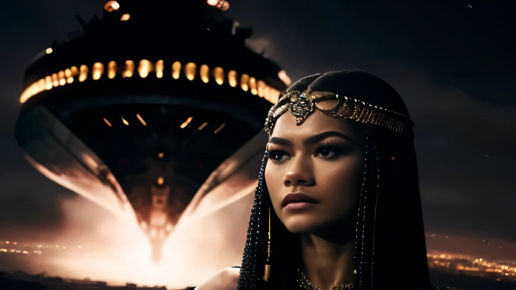 zendaya portrayed as Cleopatra, scared, witnessing the appearance of an alien ship in the sky, night light phophotorealistic portrait, dramatic, cinematic, 4k resoltion, hyperdetailed, dramatic scene, full body angle