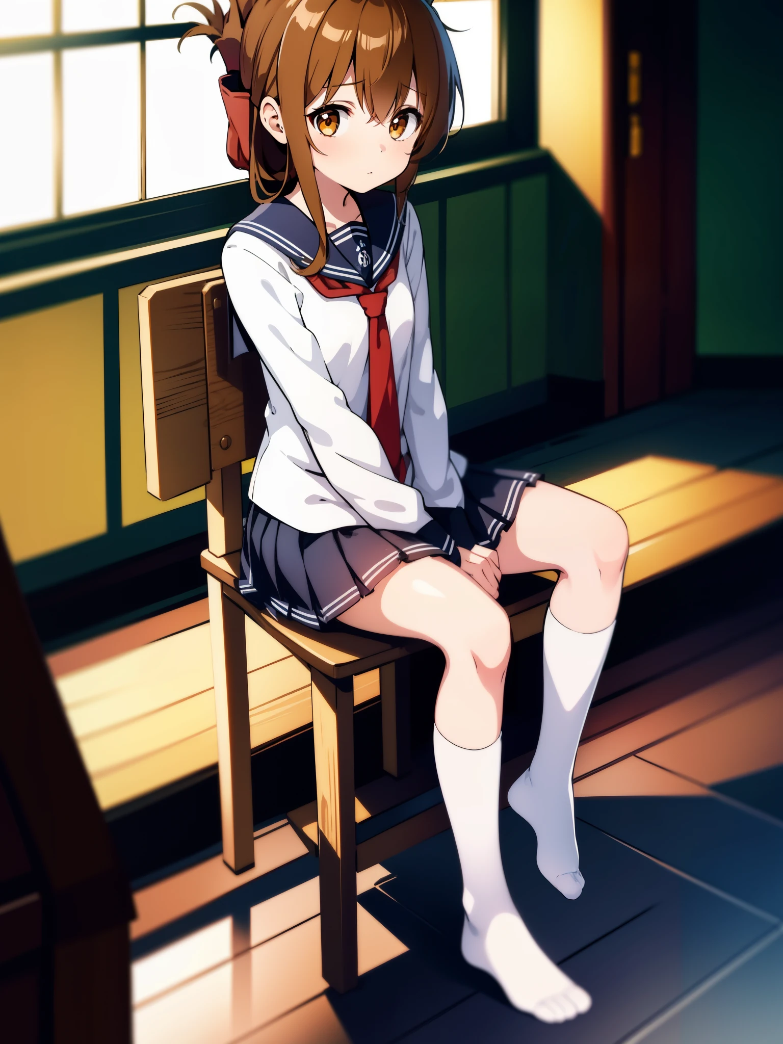 A girl is not feeling well, so she sits on a chair in the gymnasium and observes the class., slightly red face, perfect ultra-real, ultra high resolution, Super detailed, cinematic light and shadow-like picture effects.(masterpiece, best quality:1.2),illustration,8k,hd,1girl,solo,upper body,(portrait:1.2),brown_hair,folded_ponytail,brown_eyes,serafuku,long_hair,school_uniform,skirt,pleated_skirt,
