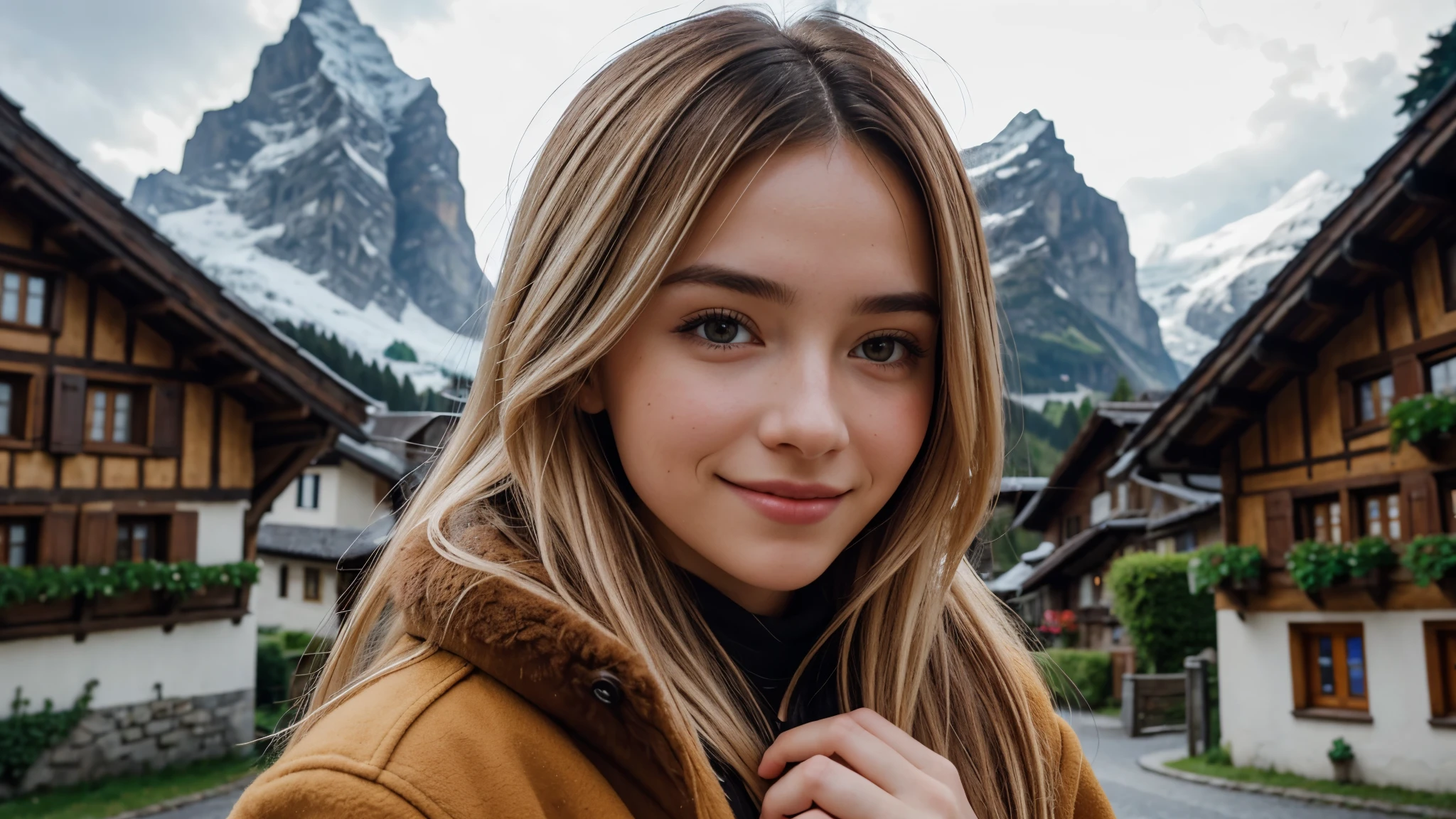 Instagram pictures, 1 girl, Shoulder length hair, Has light blonde hair, Close-up photo, coat, The background is the village of Grindelwald....., Switzerland, smile a little,