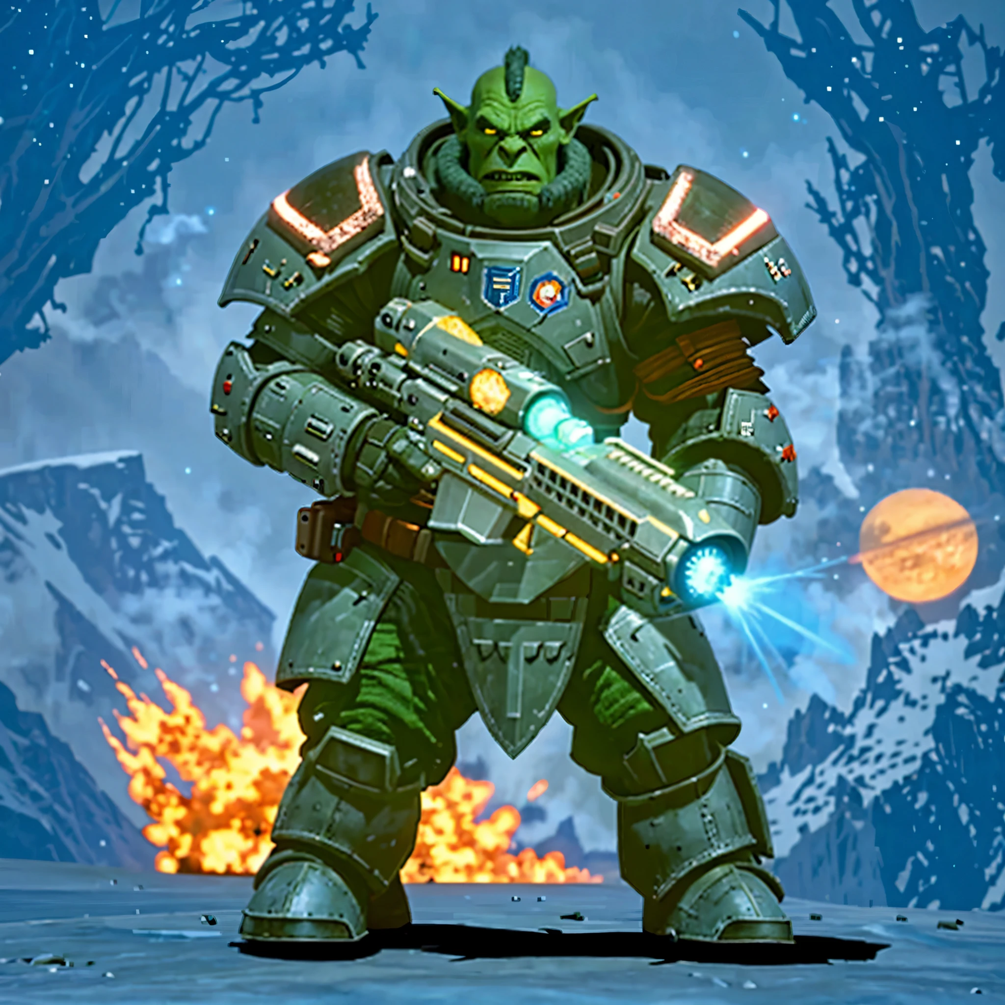 special forces tall orc wearing heavy armor, with plasma-gun on a space liner from the movie The Fifth Element,intracate masterpiece, portrait of an Orc, an Orc, artistic portrait of a space marine, Starfinder character, Orc, Overwatch, orc man prepares a rifle, Space armor, alien space knight,