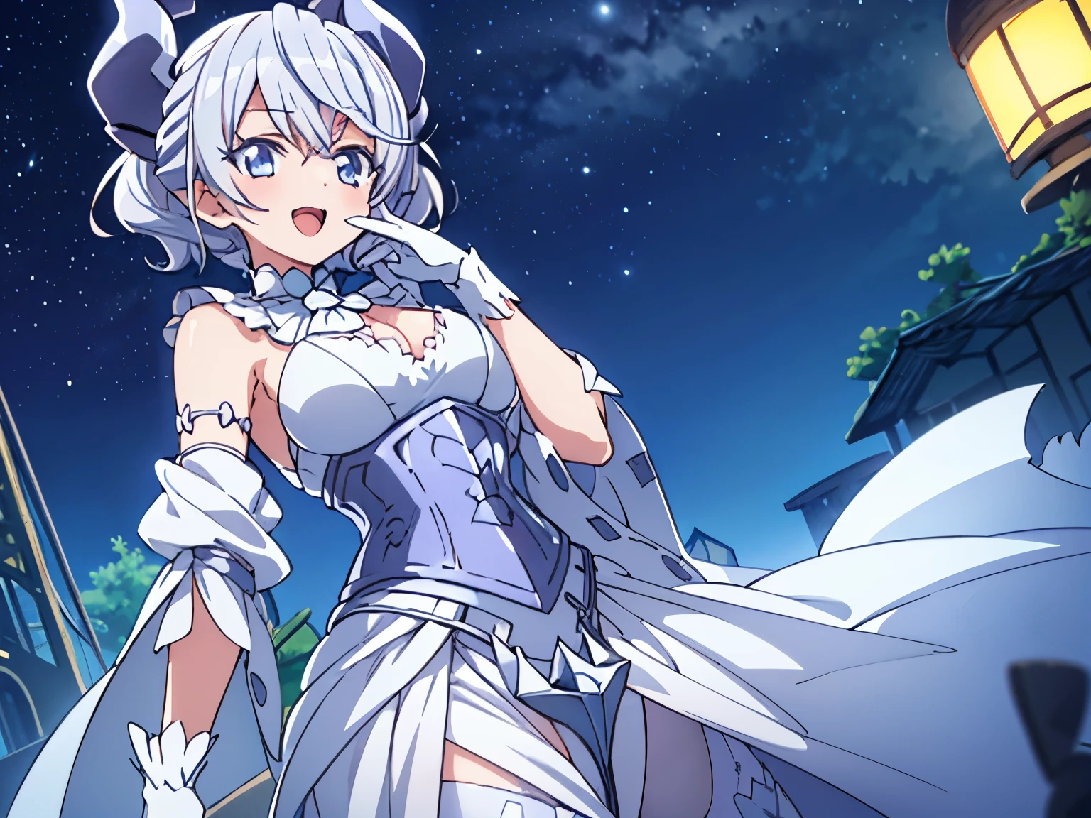 (:1.2), 1 girl, silver short hair, Silvery horns,  white dress, white cape, bulging sleeves, white glove, white stockings, Silver Corset, white long skirt, 
shy smile, open mouth, 
night time, 

masterpiece, best quality, anime illustration, cowboy shot, Depth of bounds written