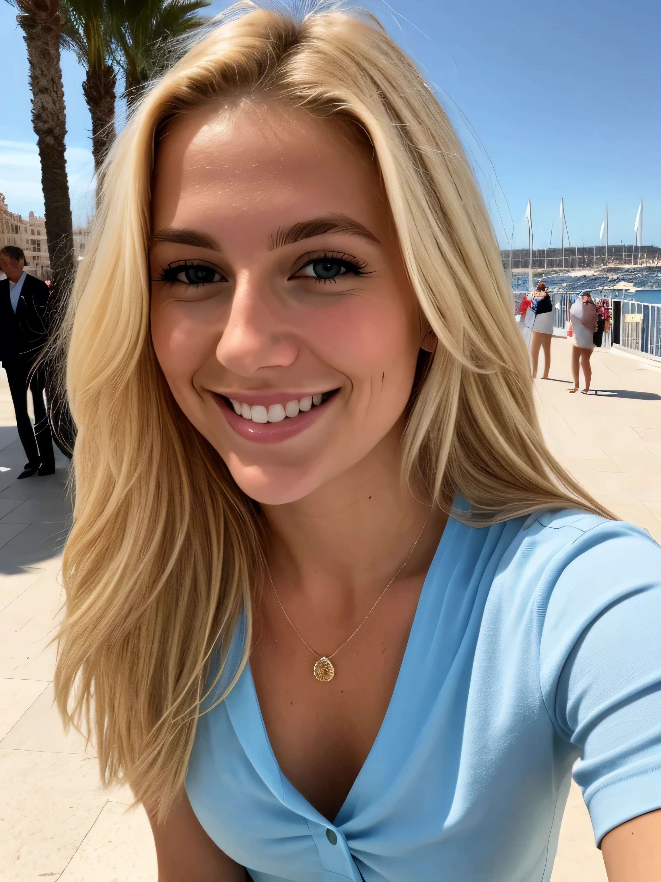 une femme blonde souriante de 23 ans prend un selfie sur la Croisette à Cannes, grand ciel bleu ensoleillé, Photoréalisme, Cheveux blonds with the racines châtain clair, cheveux blond, Cheveux avec des racines brunes, yeux bleus, belle femme, vue de face, unt-shirt moulant blanc, Haute qualité, selfie