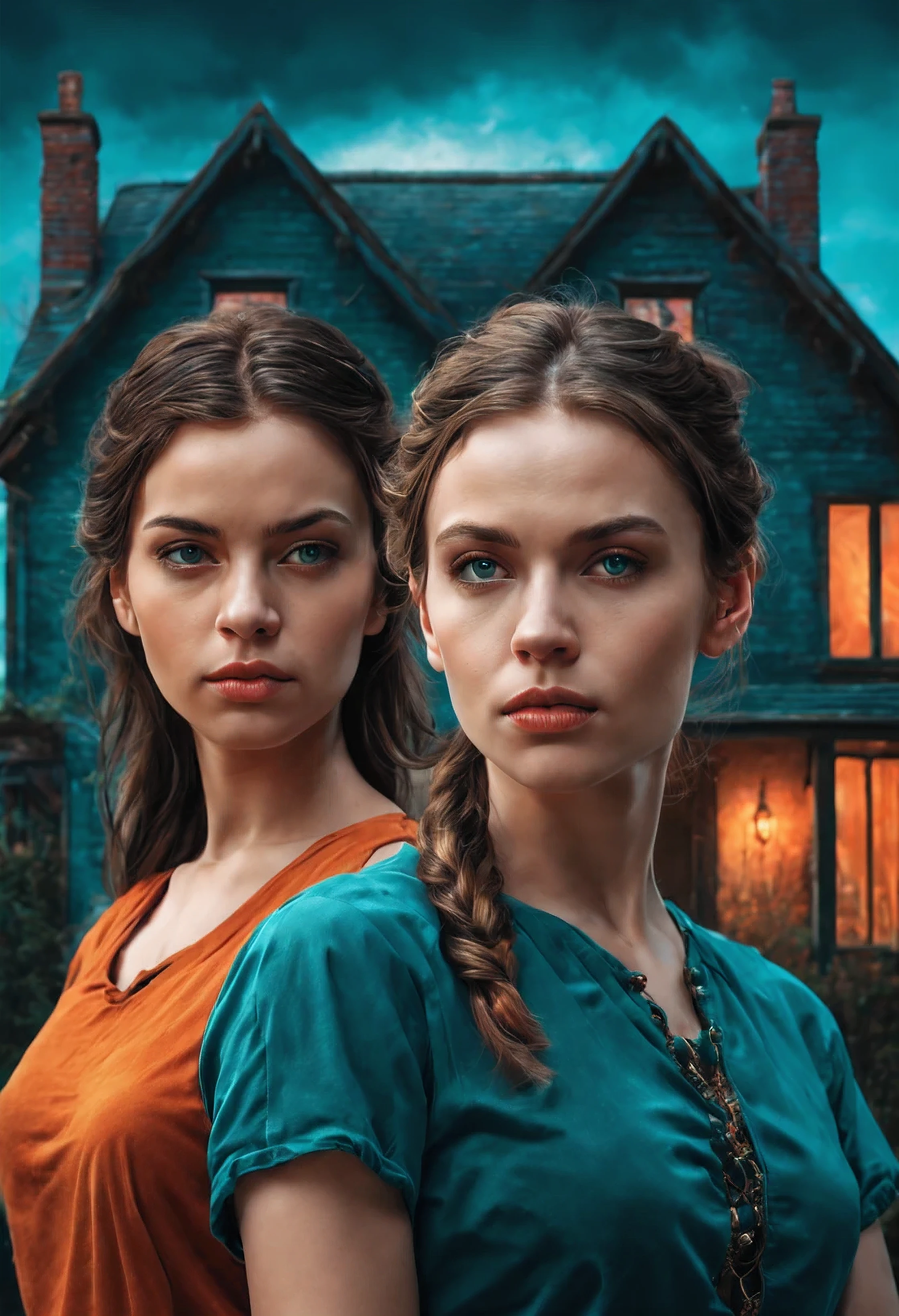 two young women standing in front of a house, novel cover art for a book, young adult fantasy novel cover, intricate, ultra sharp detailed realistic face, dark background cinematic, brown, teal orange