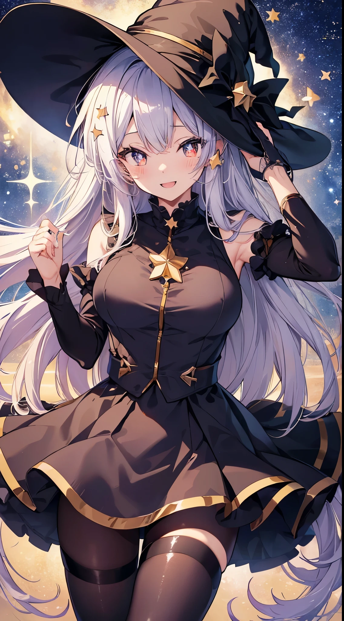 (((星野アイ))),((推しの子)),
masterpiece, best quality,ultra detailed,Full limbs,
anime moe art style,ultra detailed face,
(ultra detailed eyes,beautiful black eyes),
1girl,rori,small girl,open mouth,
messy curly ravishing silver super long hair,
((((star-shaped pupils,sparkling eyes)))),
huge large breasts silhouette,frilled impossible clothes,
pantyhose,witch-hat,(idol costume),
((shiny idol smile)),