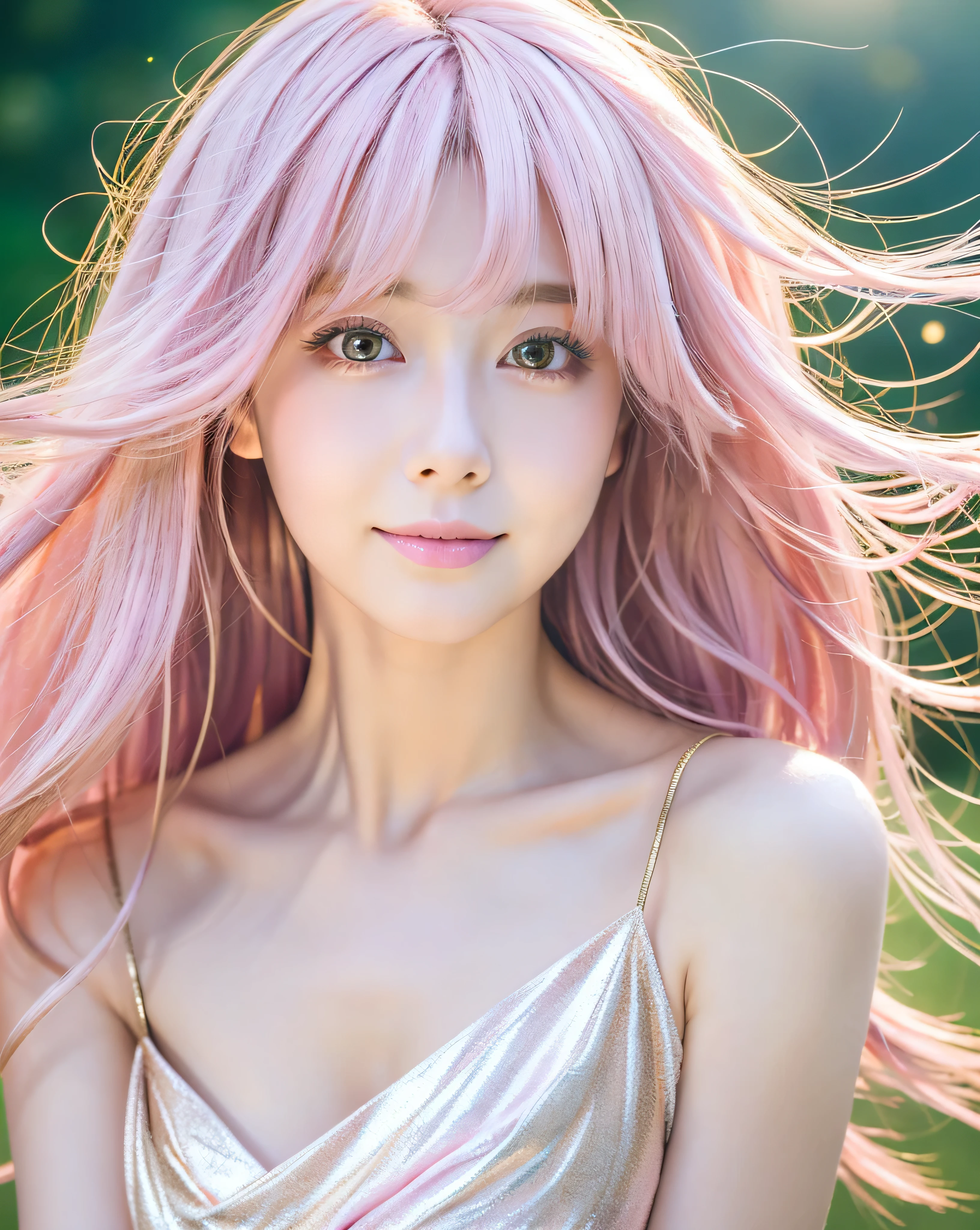 beautiful japanese girl 17Year big magic eyes detailed beautiful eyes (beautiful pink gold hair:1.5) Long hair with messy details asymmetrical bangs pale pink lip bright makeup smooth soft skin gentle smile white dress Detailed and perfect clavicle beautiful high resolution breasts soft and plump breasts dense and beautiful legs Meadow at night starry sky professional lighting professional photographer