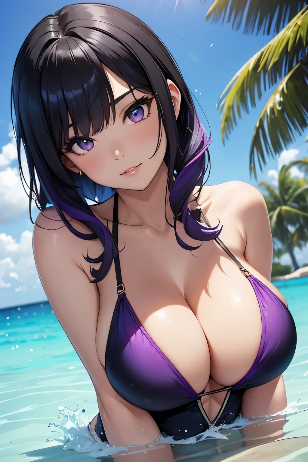 Beautiful girl, black hair with purple tips, blue swimsuit, big breasts, cleavage pushed together, sexy.