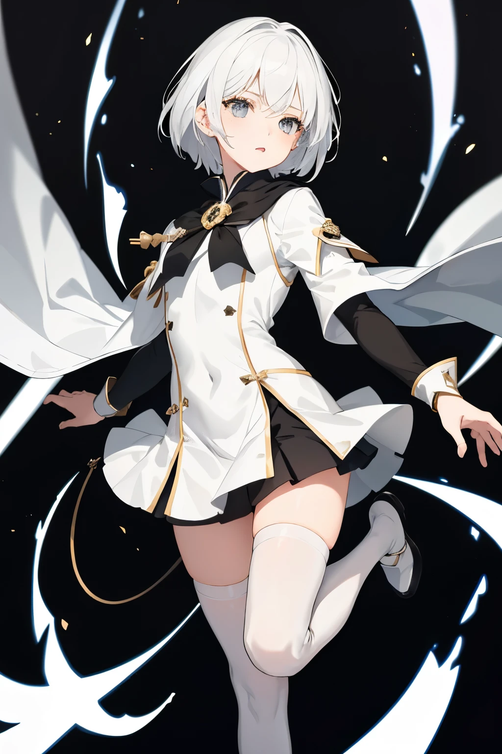 1 girl,mage, solo, full body, white and black clothes, short skirt, thigh sock, highly details, hightly detailed face, white short hair