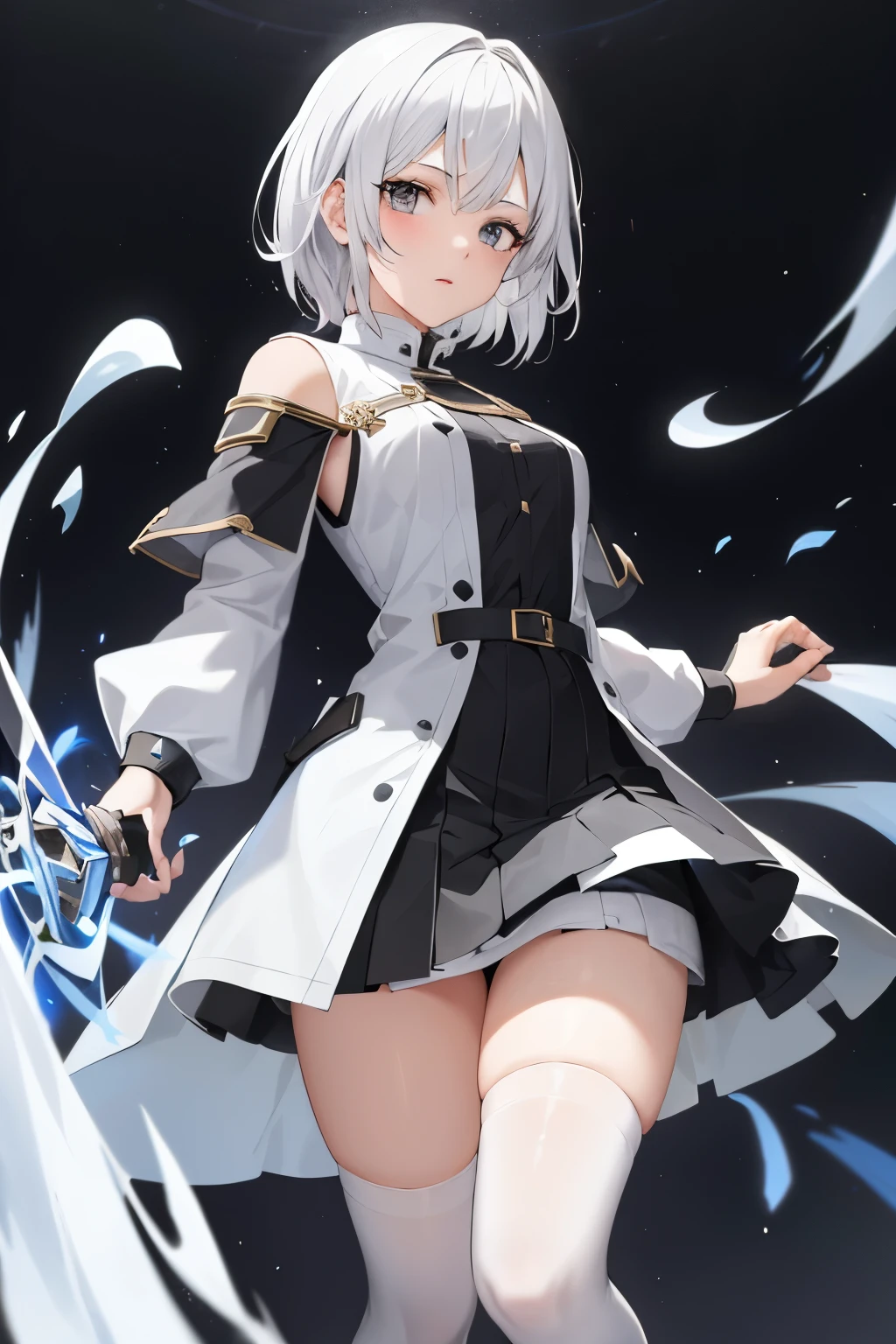 1 girl,mage, solo, full body, white and black clothes, short skirt, thigh sock, highly details, hightly detailed face, white short hair