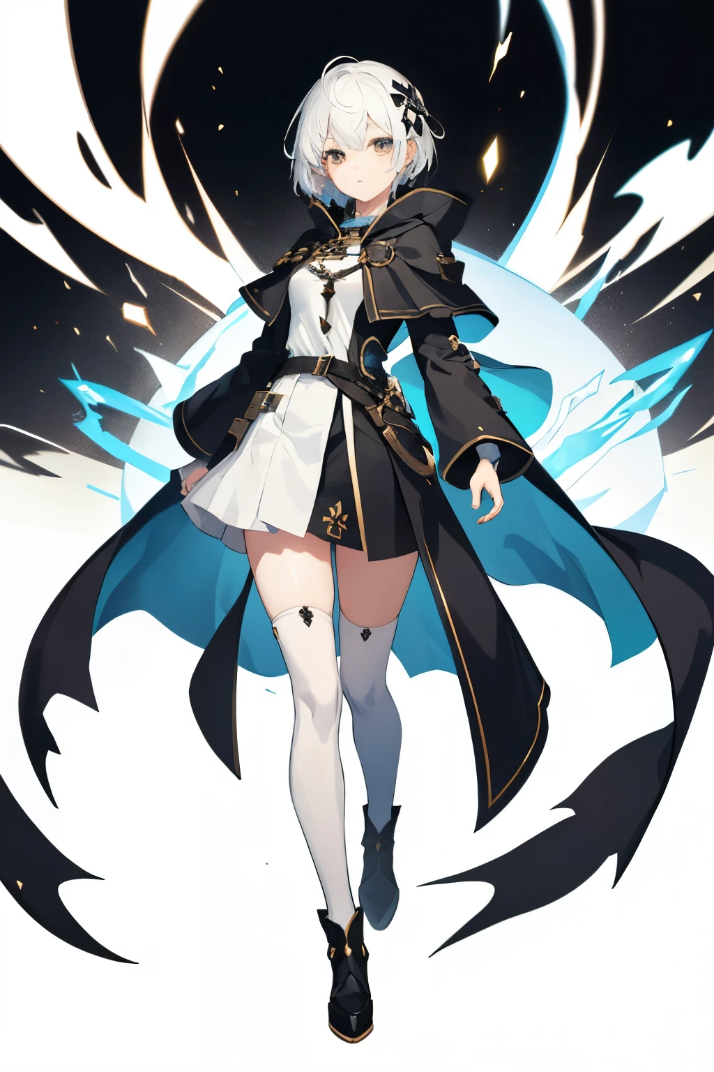 1 girl,mage, solo, full body, white and black clothes, short skirt, thigh sock, highly details, hightly detailed face, white short hair