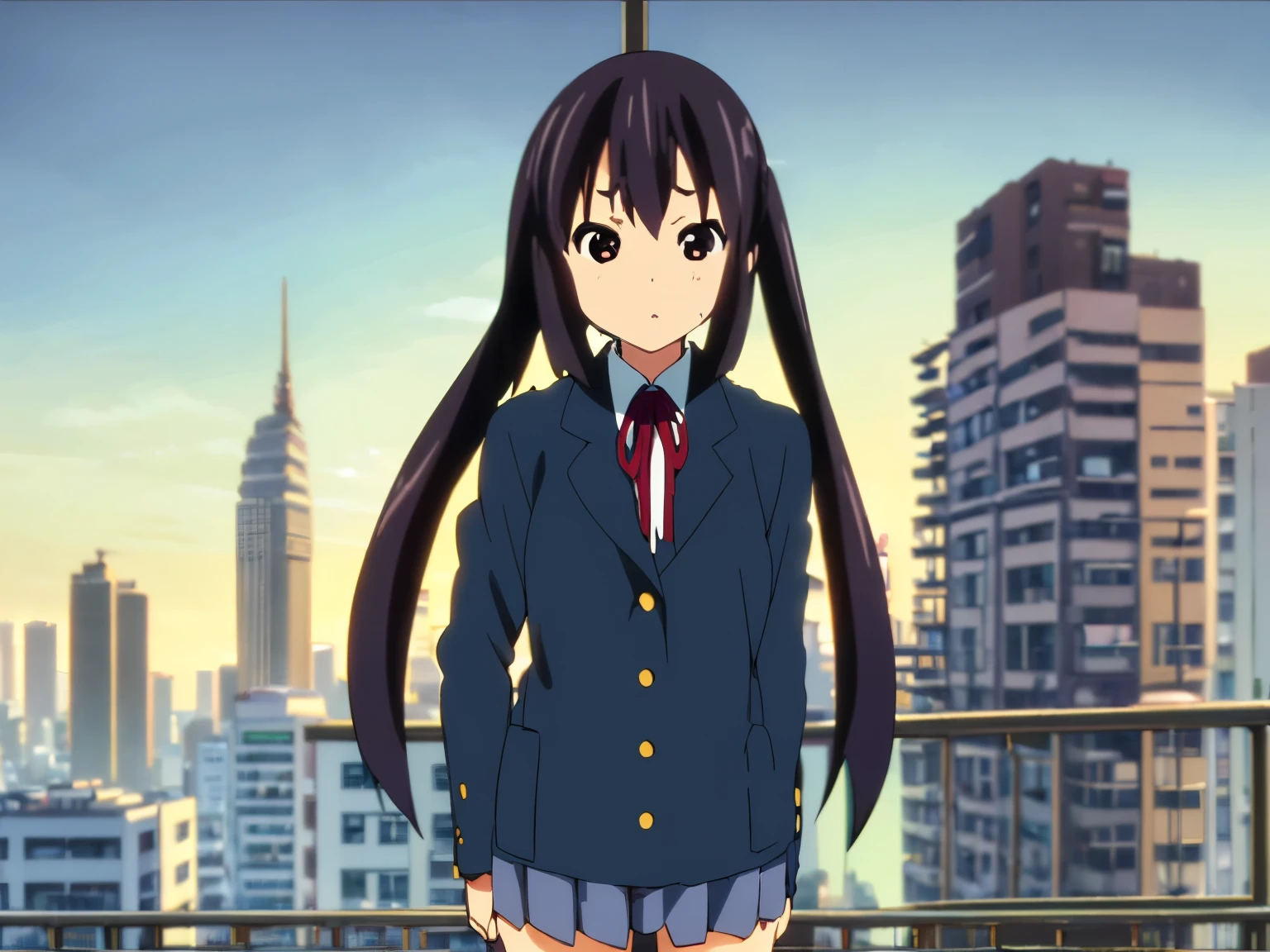 1girl, (((masterpiece))), top-quality, top-quality, High Details, nakano azusa, 1girl, Sakuragaoka High School Uniform, student clothes, Twin-tailed, length hair, A dark-haired, brown-eyed, 独奏, reddish, Dark blue blazer with thin red ribbon, Solid white buttoned shirt under blazer, illustratio, comic strip, soothing tones, Subdued Color, Soft cinematic light, adobe lightroom, photolab, HDR, intricately and hyper-detailed、(((depth of fields))))。(((masterpiece)))。(((top-quality))).)((ultra-detailliert)))。(((illustratio)))。(((takeout))).dynamic focus.big breasts.(((Skyscrapers))).(((A city scape))).(((Face of sadness))). open mouth.(((put hands on the hip))).(((up chest))).((evening glow)).((the setting sun)).
