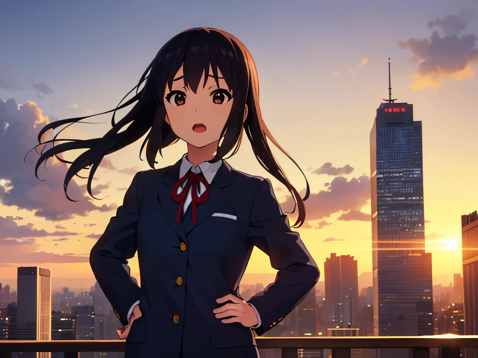 1girl, (((masterpiece))), top-quality, top-quality, High Details, nakano azusa, 1girl, Sakuragaoka High School Uniform, student clothes, Twin-tailed, length hair, A dark-haired, brown-eyed, 独奏, reddish, Dark blue blazer with thin red ribbon, Solid white buttoned shirt under blazer, illustratio, comic strip, soothing tones, Subdued Color, Soft cinematic light, adobe lightroom, photolab, HDR, intricately and hyper-detailed、(((depth of fields))))。(((masterpiece)))。(((top-quality))).)((ultra-detailliert)))。(((illustratio)))。(((takeout))).dynamic focus.big breasts.(((Skyscrapers))).(((A city scape))).(((Face of sadness))). open mouth.(((put hands on the hip))).(((up chest))).((evening glow)).((the setting sun)).