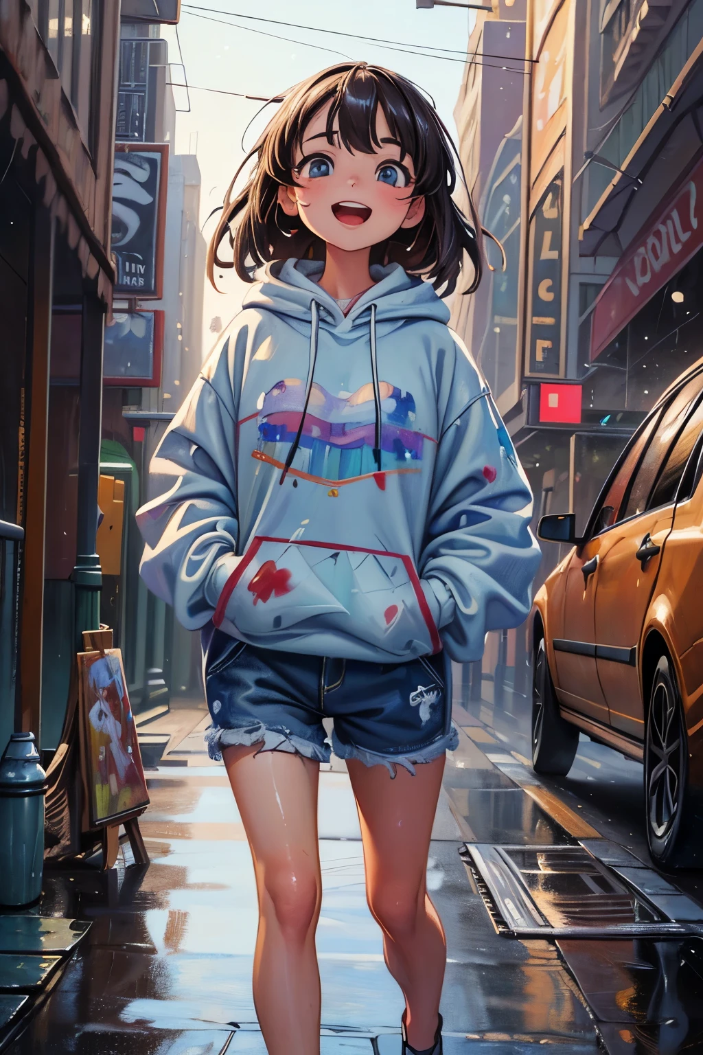 ((Masterpiece)), ((best quality)), (Oil Painting:1.5), (Professional Photography), (realistic:1.2), 1girl, beautiful age girl, laughing, incredibly absurdness, (Oversized Hoodies), sub street, plein air, Sateen, neons, silky Hair, medium hair, Brightly colored eyes, (Hands in pockets), shortpants, water dripping, Light particles, (walking on the Newyork),