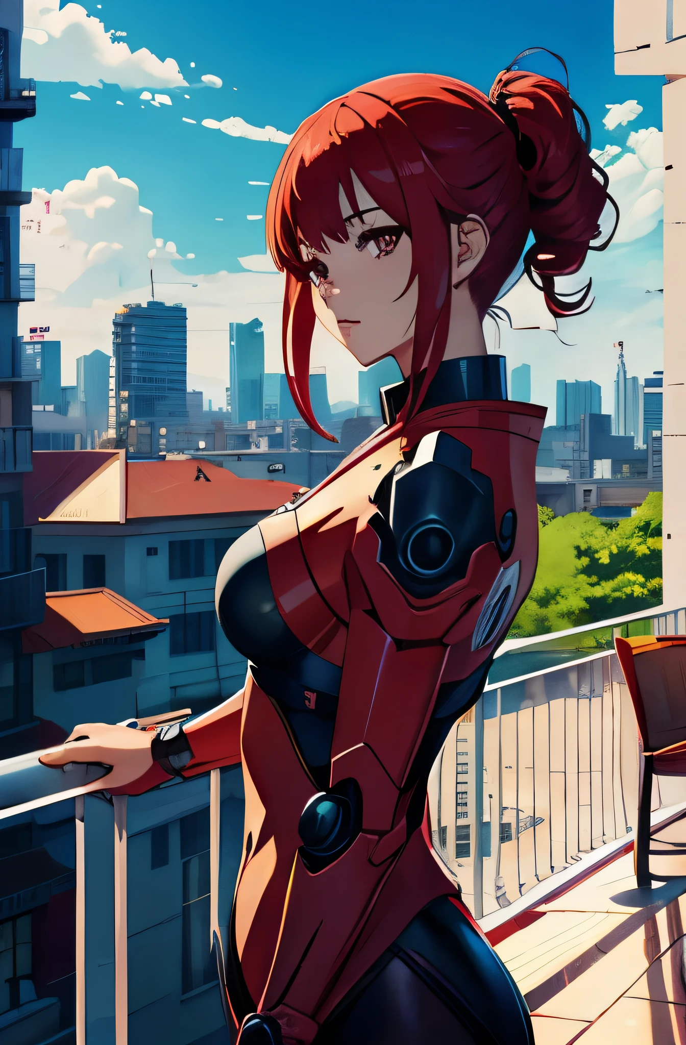 Anime girl and red suit posing on a balcony., El mejor fondo de pantalla de anime 4k en habitacion, chica anime seductora, anime style 4k, chica real perfecta, Iliá Kuvshinov. 4k, biomechanical oppai, arte digital del anime hentai, Fondo de pantalla animado 4K, chica anime labios rojos, Arte detallado de alta calidad 8k, color del cabello rojo