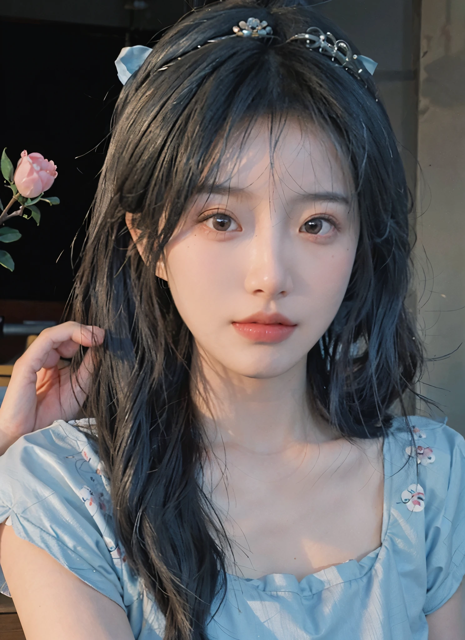 best quality, ultra high resolution, (realistically:1.4), a girl, A pair of clear and moving peach blossom eyes,Royal sister,a sense of atmosphere,a beautiful girl(Sky blue gradient hair:1), (Huge room:1.3), looking at the audience, Close-up cleavage ,