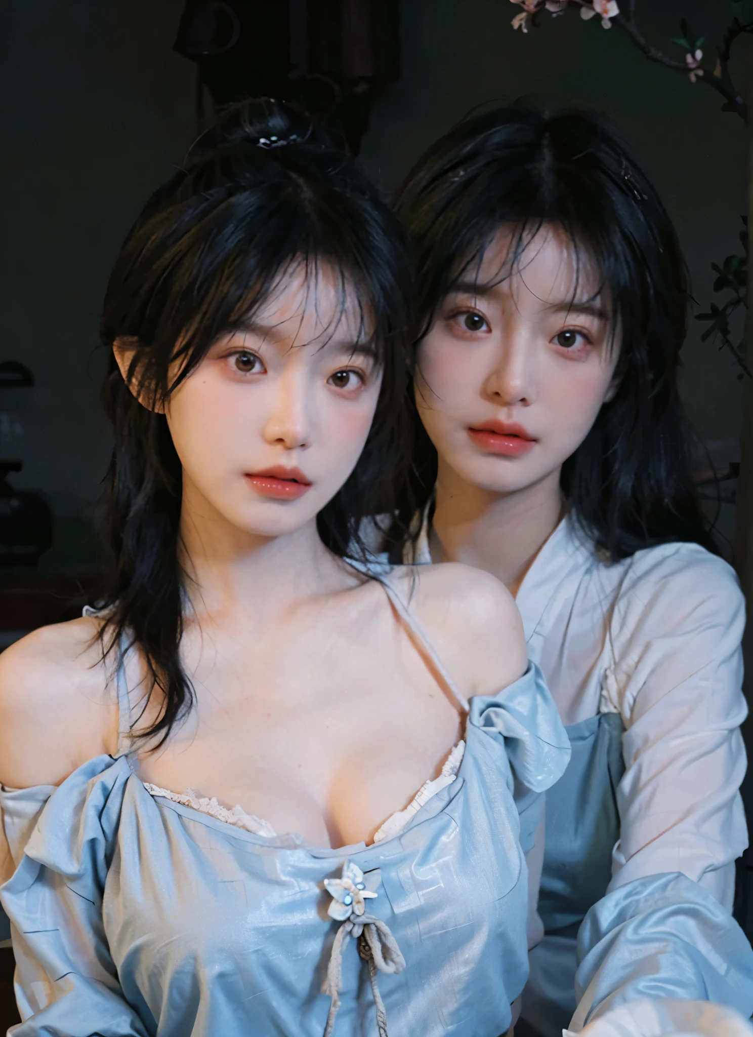 best quality, ultra high resolution, (realistically:1.4), a girl, A pair of clear and moving peach blossom eyes,Royal sister,a sense of atmosphere,a beautiful girl(Sky blue gradient hair:1), (Huge room:1.3), looking at the audience, Close-up cleavage ,