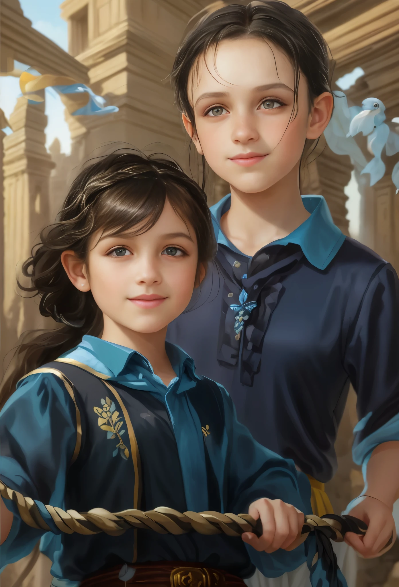 High resolution, brunette girl, , bright yellow eyes, a pattern of stones on her face from forehead to temples, brunette, temples slightly shaved, long black hair pulled back in a ponytail, temples slightly shaved, dressed in a silk shirt and loose trousers, bright blue eyes, portrait, sea In the background, realism, fantasy