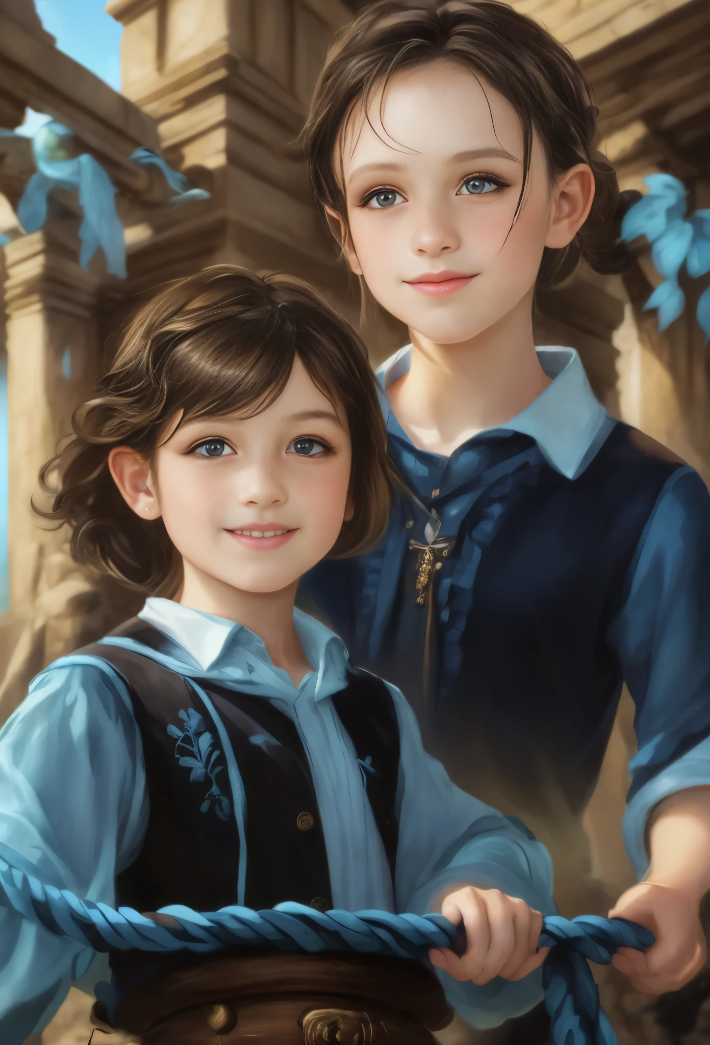 High resolution, brunette girl, , bright yellow eyes, a pattern of stones on her face from forehead to temples, brunette, temples slightly shaved, long black hair pulled back in a ponytail, temples slightly shaved, dressed in a silk shirt and loose trousers, bright blue eyes, portrait, sea In the background, realism, fantasy