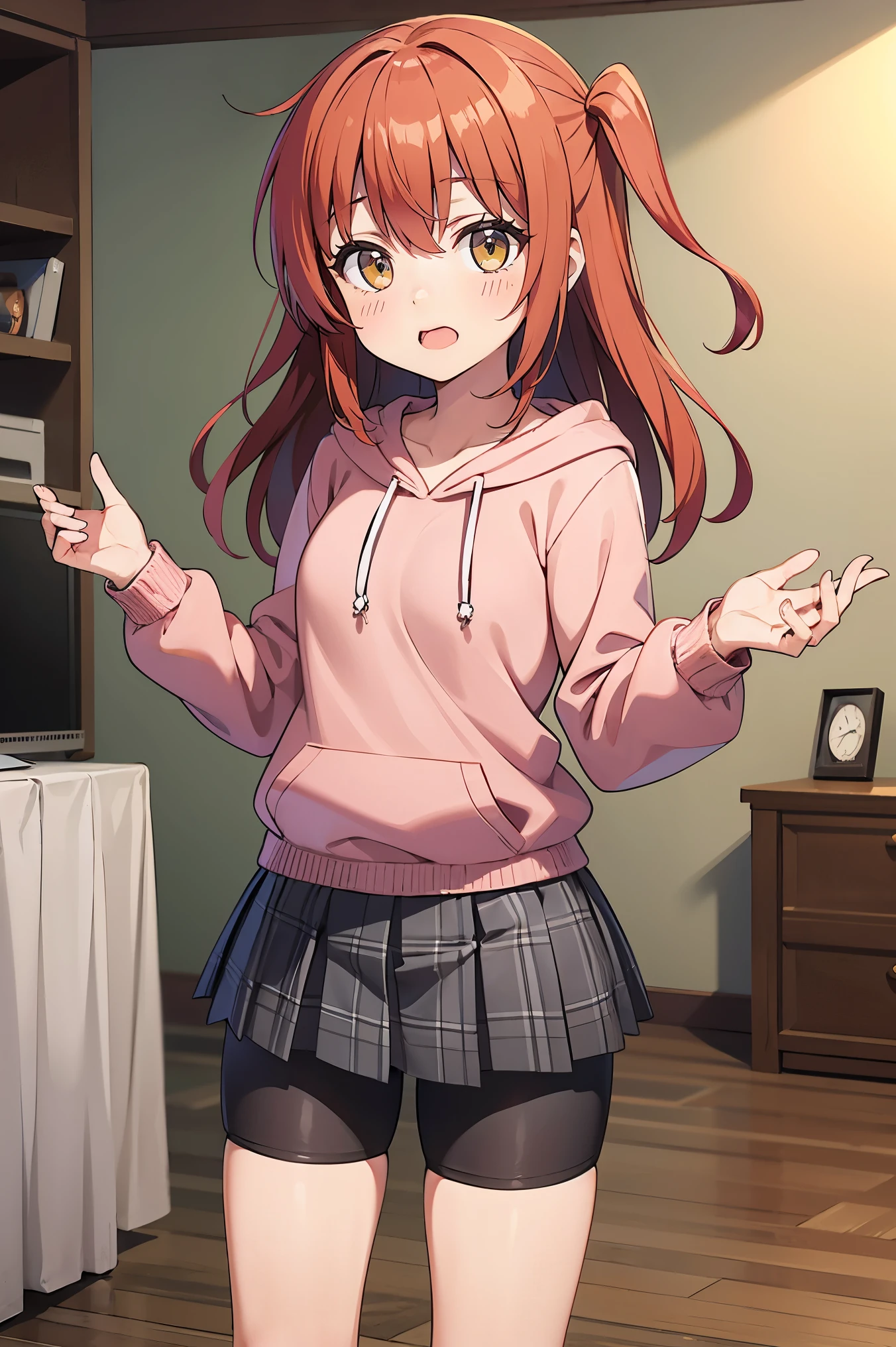 1 girl, hdr, ikuyo kita, red hair, one side up, long hair, green eyes, hoodie, pink hoodie, long sleeves, grey skirt, plaid skirt, bike shorts, black bike shorts, standing, open mouth, looking at viewers, room,