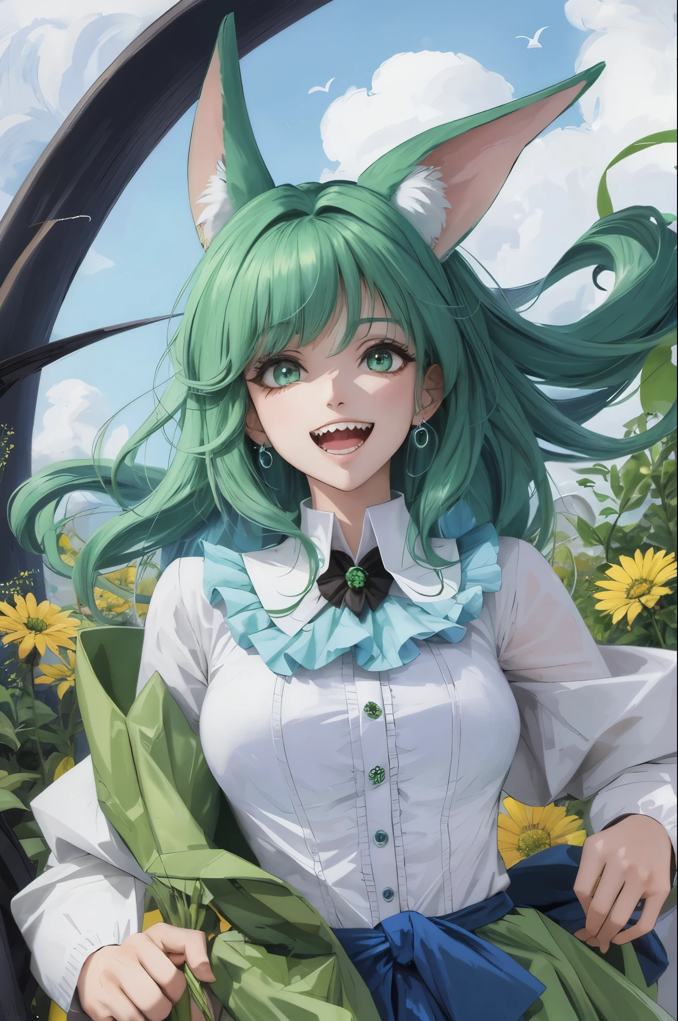 garota anime com olhos azul e verde e orelhas de raposa vestindo uma blusa preta, anime garota-raposa, cute anime garota-raposa, estilo de arte anime moe, beautiful anime garota-raposa, Garota anime com orelhas de raposa, Gato de anime, garota-raposa, raposa, very beautiful anime raposa, em estilo anime, attractive raposa, no estilo anime, retrato estilo anime, fully robotic!! garota-raposa, expression of happiness with open mouth with several sharp animal teeth, boca aberta, sorriso mostrando dentes afiados na boca
