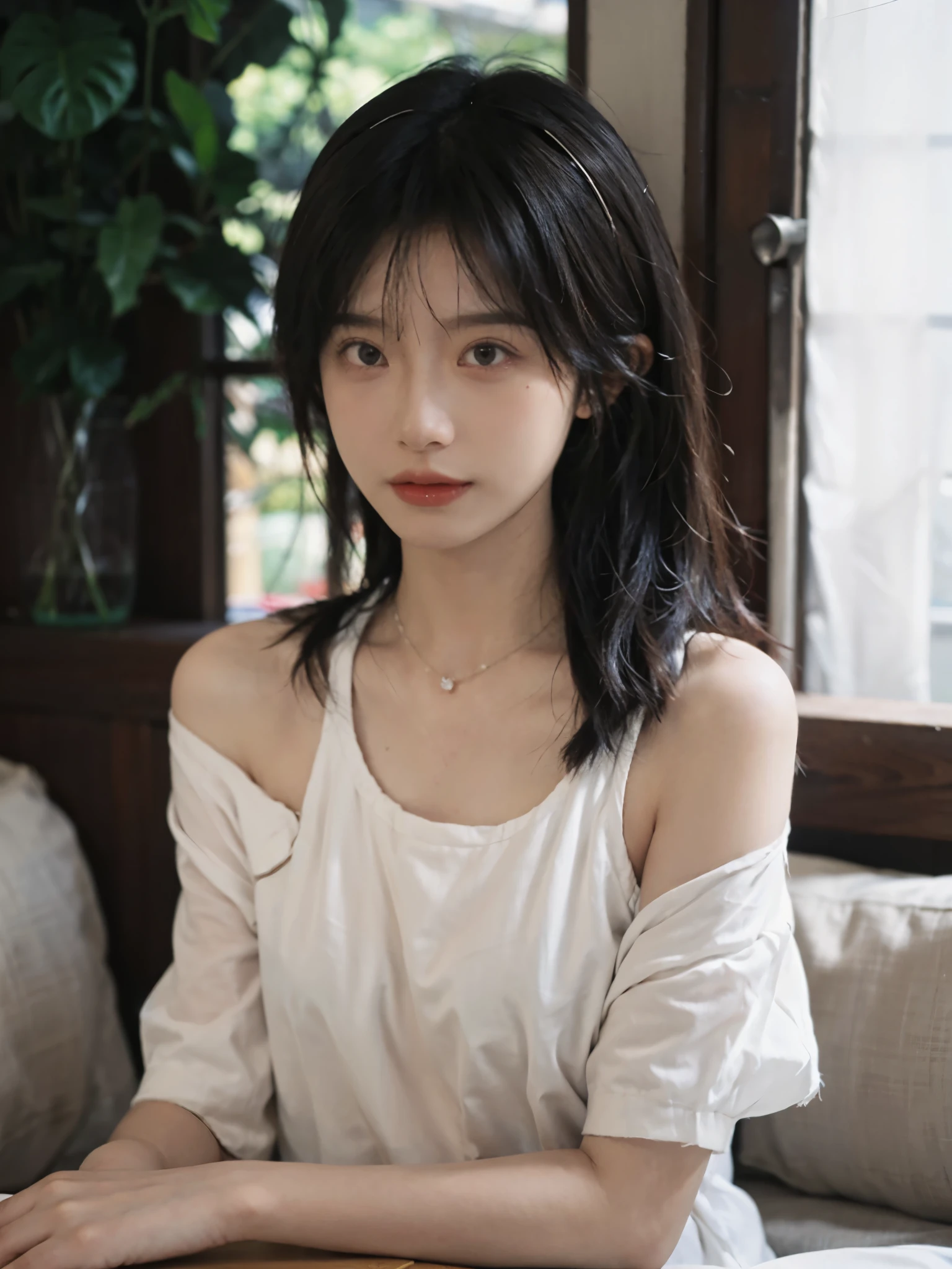 Film portrait photography, 2 girls, bare shoulders,lipstick,(flat chest:1.4), Shoulder length wavy hair, wear necklace,hairband,earrings,Mouth nail,White short sleeves,serene, calm, (Realistic and detailed eyes, natural skin texture, Realistic facial details), Soft dramatic lighting, depth of field, Bokeh, Vibrant details, detailed meticulous, hyper-realistic, 35mm film, hazy, ,