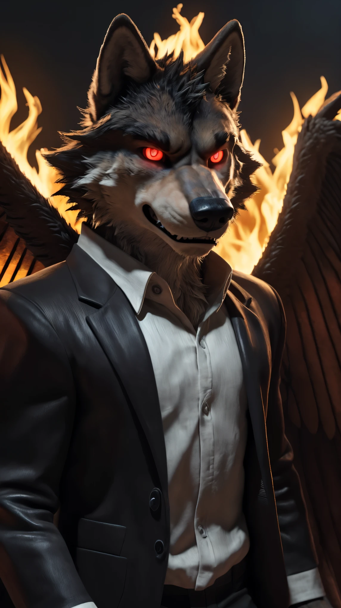 (best quality,120k,highres,masterpiece:1.4),ultra-detailed,(photorealistic:1.37),(the ultimate Orochi Mr. Wolf),red glowing eyes,staring at the viewer,detailed facial features,same design as Iori Yagami,background from The King of Fighters XV,fiery background,serious expression,on a realistic face Full body black wings open.