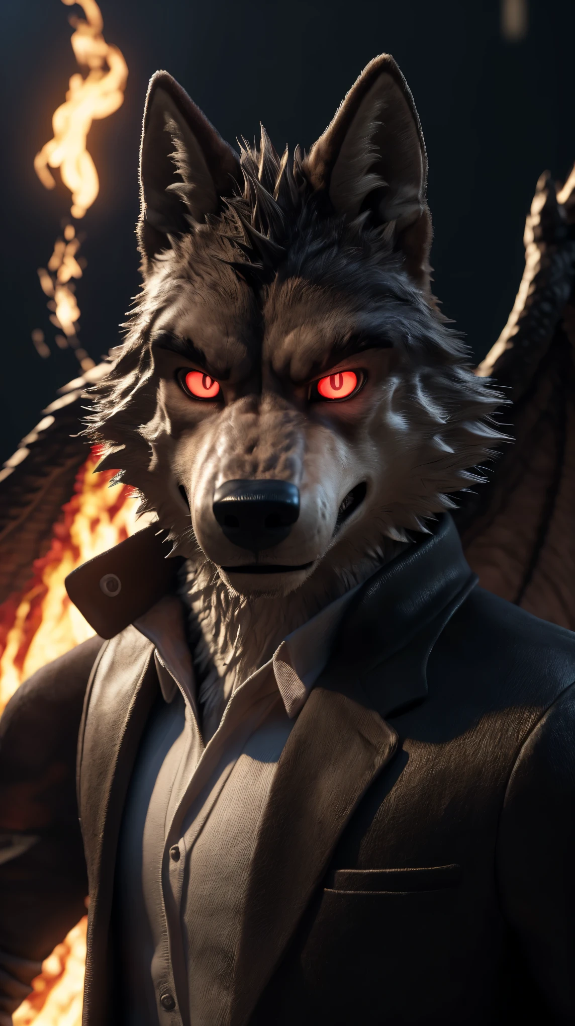 (best quality,120k,highres,masterpiece:1.4),ultra-detailed,(photorealistic:1.37),(the ultimate Orochi Mr. Wolf),red glowing eyes,staring at the viewer,detailed facial features,same design as Iori Yagami,background from The King of Fighters XV,fiery background,serious expression,on a realistic face Full body black wings open.