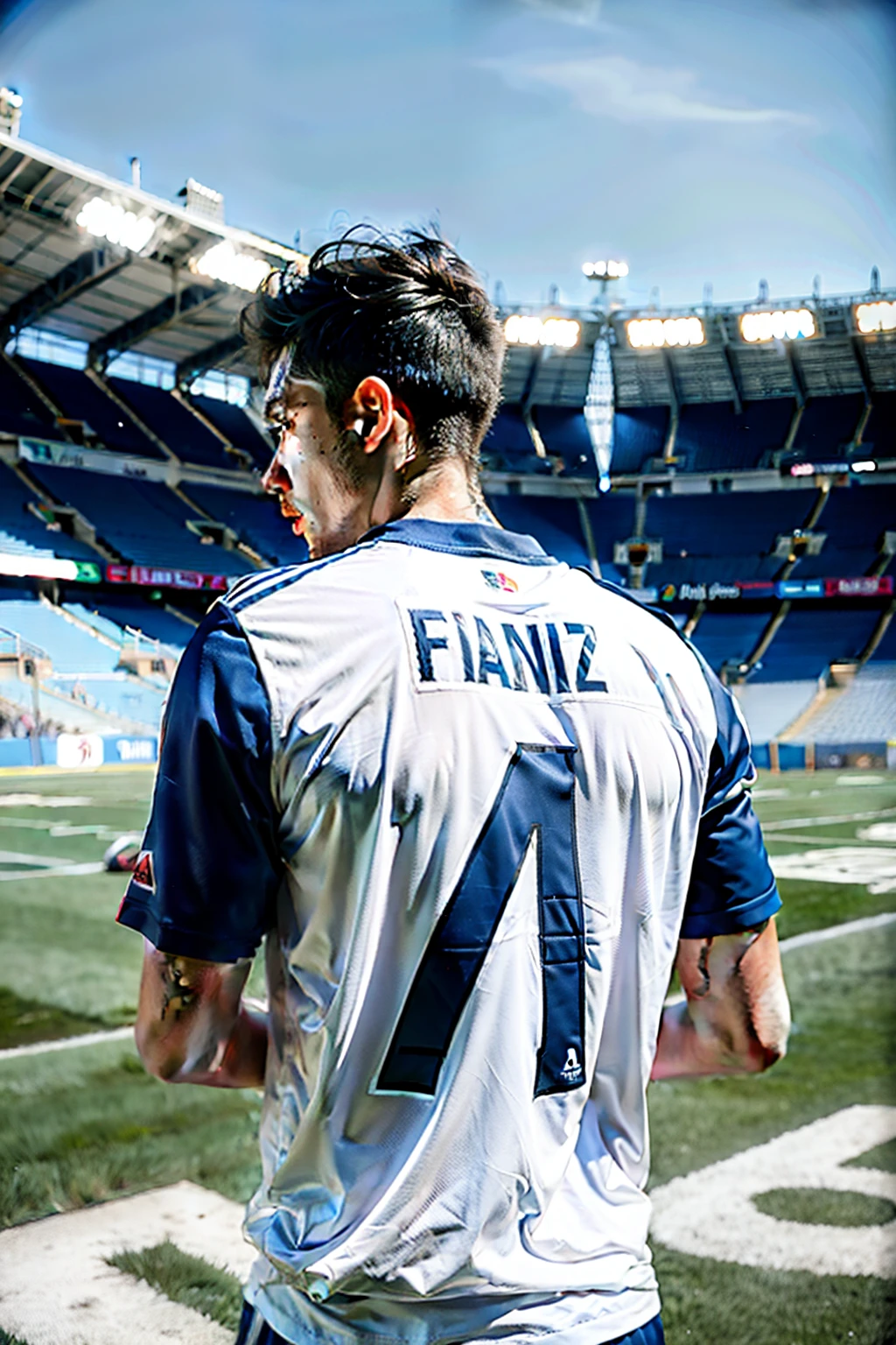 a man standing on the football field wearing a Real Madrid shirt named fahri j
number 7 facing back