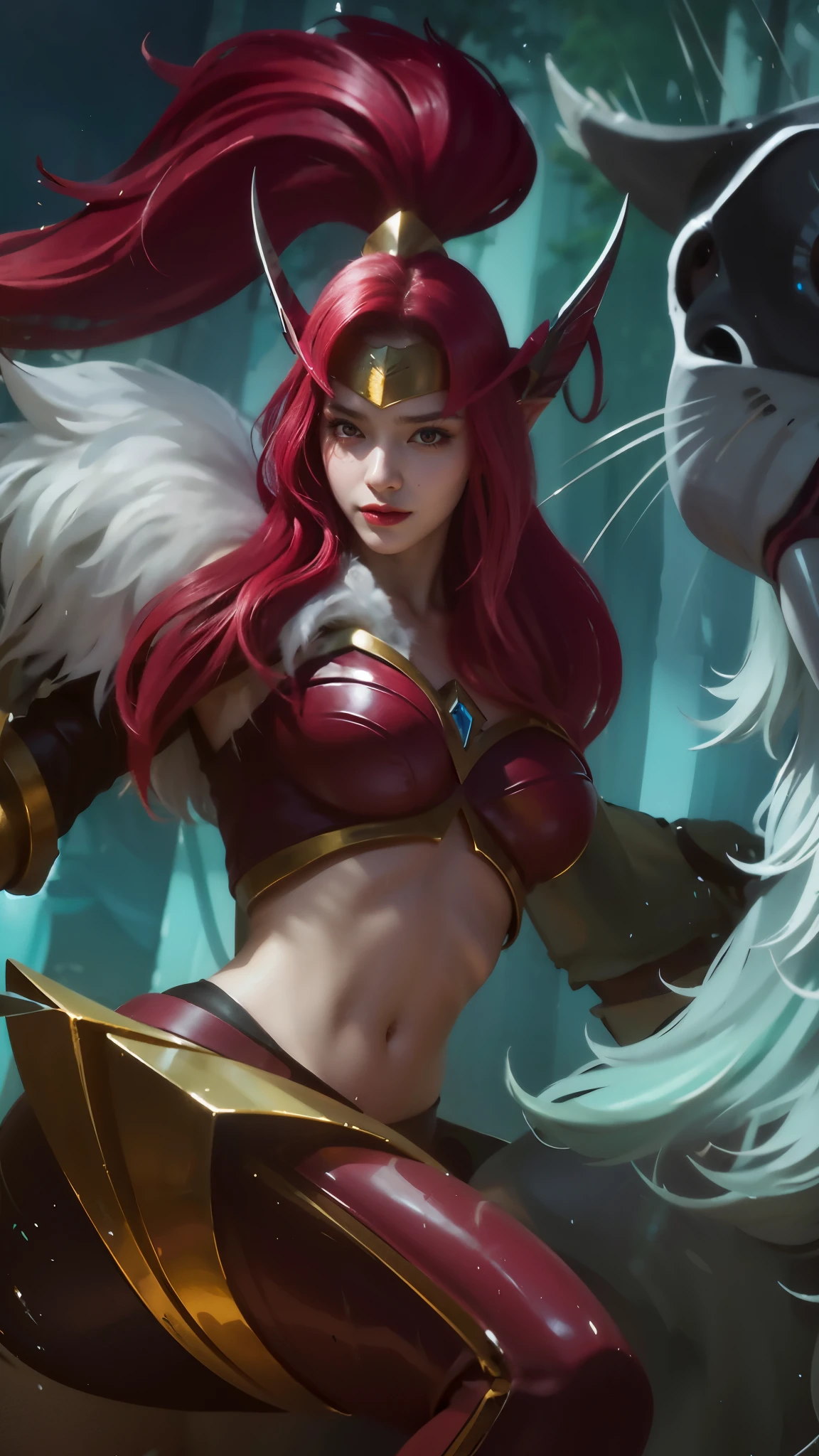 (female:1.2), 8k, ultra hd, ultra detailed texture, hyper realistic, masterpiece, detailed texture, detailed face, detailed skin, detailed lighting, (photorealistic:1.5), best quality, beautiful lighting, cinematic lighting, professional lighting, ultra highres, realistic, detailed hair, real hair, high quality, (realskin:1.5), extremely detailed, finely detail, ultra-detailed, 1girl, solo, elf, pointy ears, standing, demon horns, forehead protector, (red eyes:1.5), v-shapped eyebrow, lips, red lips, evil smile, nose, make up, pretty, beautiful, cute face, long hair, blue hair, high ponytail, large breasts, cleavage, armpit, navel, stomach, black armor, pauldrons, bare shoulders, shoulder armor, thigh high, sleevless, detached sleeves, breastplate, gauntlets, karina \(mobile legends\), depth of field, looking aways, white skin, skin tight, amazing pose, outdoors, glowing, dark view, blurry background