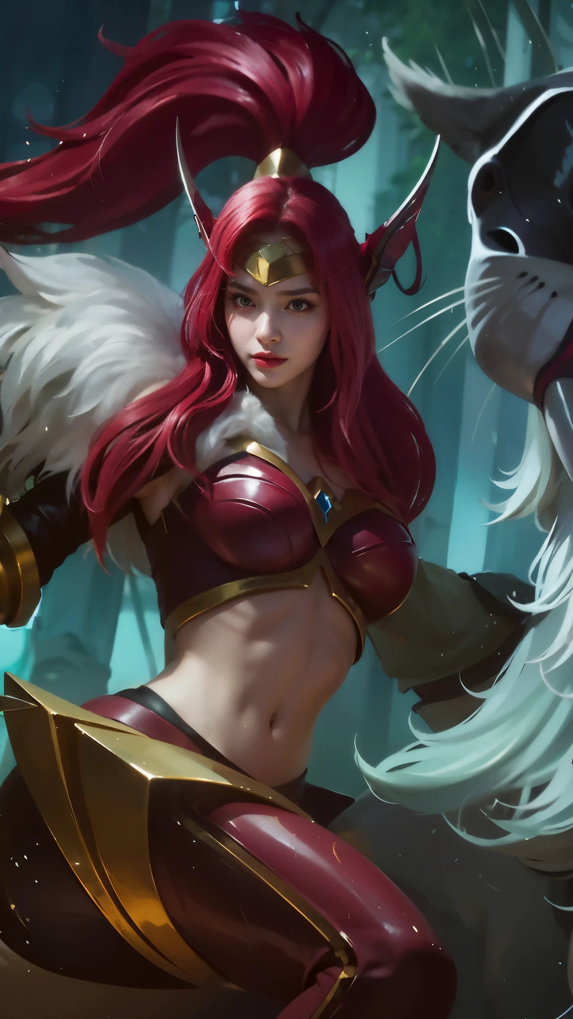 (female:1.2), 8k, ultra hd, ultra detailed texture, hyper realistic, masterpiece, detailed texture, detailed face, detailed skin, detailed lighting, (photorealistic:1.5), best quality, beautiful lighting, cinematic lighting, professional lighting, ultra highres, realistic, detailed hair, real hair, high quality, (realskin:1.5), extremely detailed, finely detail, ultra-detailed, 1girl, solo, elf, pointy ears, standing, demon horns, forehead protector, (red eyes:1.5), v-shapped eyebrow, lips, red lips, evil smile, nose, make up, pretty, beautiful, cute face, long hair, blue hair, high ponytail, large breasts, cleavage, armpit, navel, stomach, black armor, pauldrons, bare shoulders, shoulder armor, thigh high, sleevless, detached sleeves, breastplate, gauntlets, karina \(mobile legends\), depth of field, looking aways, white skin, skin tight, amazing pose, outdoors, glowing, dark view, blurry background