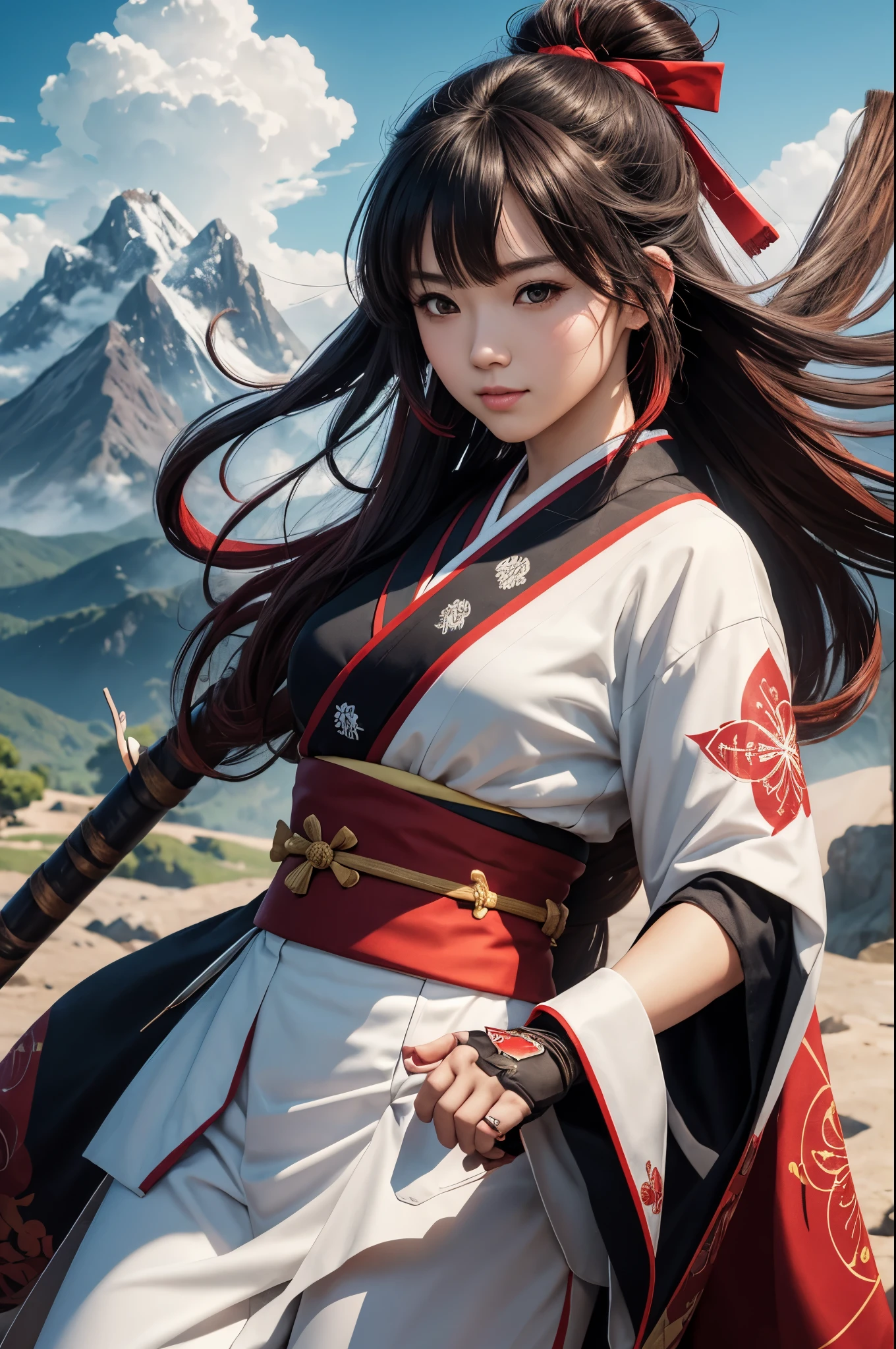 masterpiece, Best quality,1girl, red bow, bow, long hair, hair bow, Ainu clothing, solo, hair band, bird, black hair, fingerless gloves, short sleeves, gloves, sash, pants, bangs, red hair band, weapon, chest, brown eyes, white pants, kimono, nakoruru, light smile, official art, good composition, official pose, detailed portrait, portrait, bokeh, clouds and mountain background, samurai, onmyoji style, high resolution, Dramatic lighting and shadows, sun flares, blurred foreground