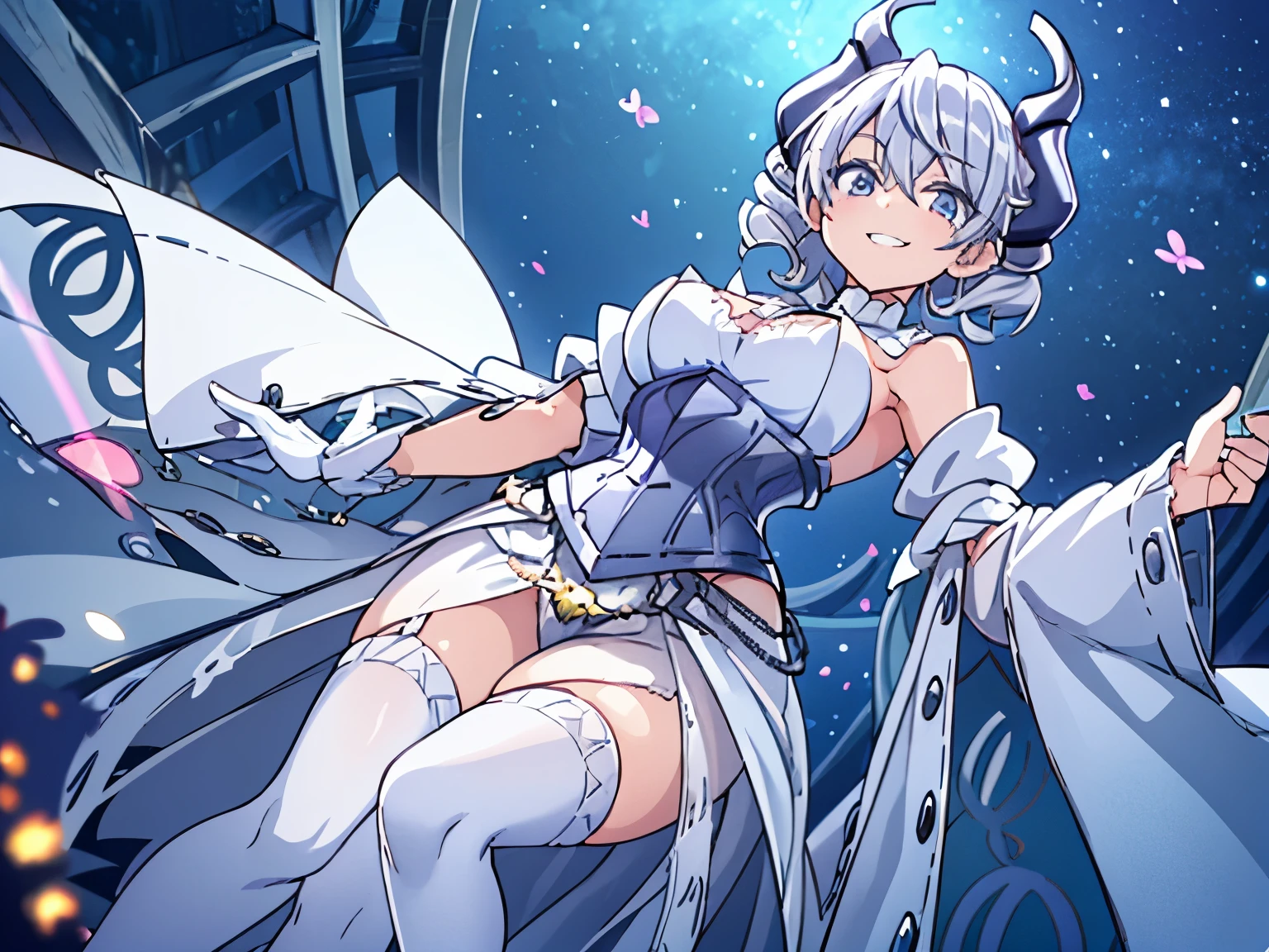 (:1.2), 1 girl, silver short hair, Silvery horns,  white dress, white cape, bulging sleeves, white glove, white stockings, Silver Corset, white long skirt, 

grin, 
night time, 
from below, 
masterpiece, best quality, anime illustration, Depth of bounds written