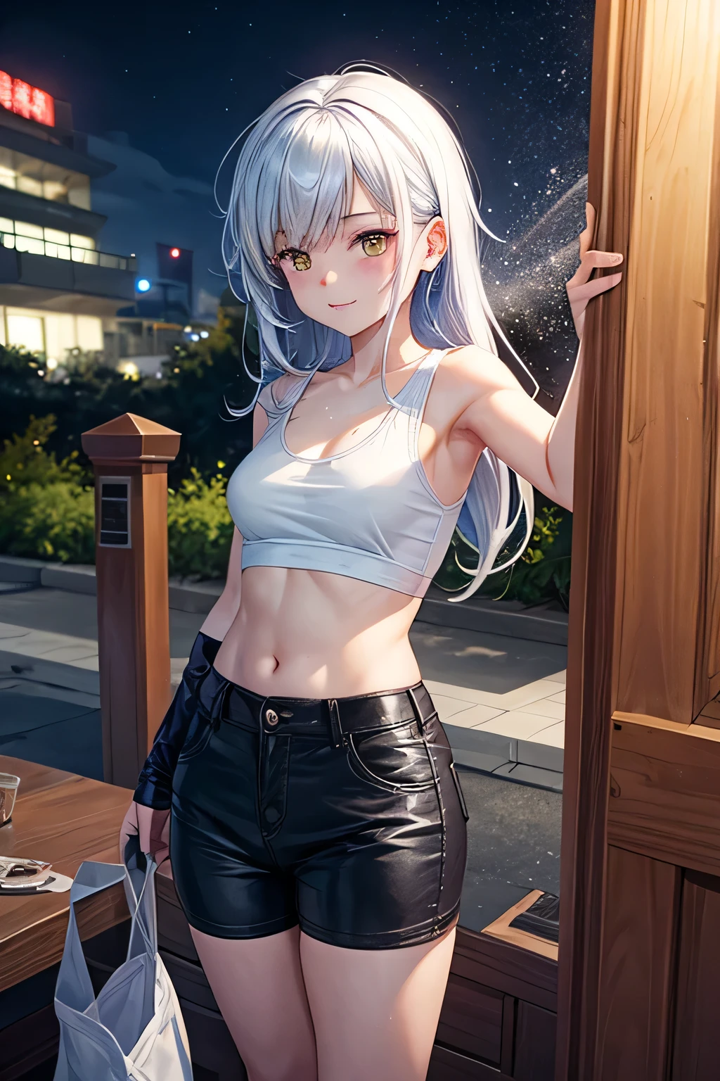 1 girl, tank top, long hair ,white hair, yellow eyes, magic circle, blue light, เปลวblue light, Wallpaper, terrain, blood, blood splatter, depth of field, at night, light particles, light rays, On the side of the road, thigh, luck \(set\), Genshin Impact, ****, , thighสูง, Cloud,sexy poses,shorts, Cast light magic