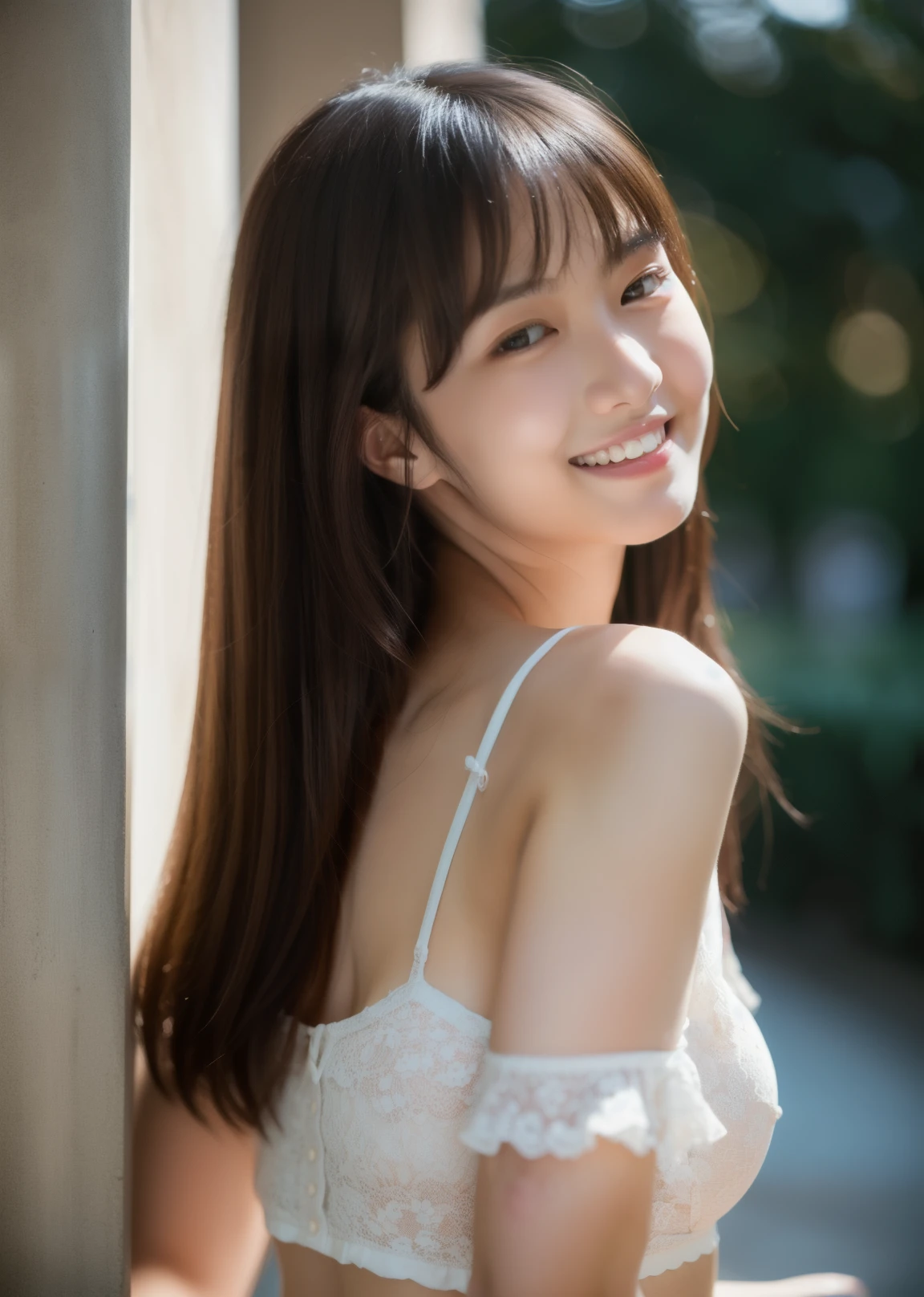 Beautiful 19 years old woman。she is wearing a camisole。Lace on the chest and hem.。She looks ecstatic as if she had an orgasm during sex..。her dark brown hair、、her hair is long。High resolution、masterpiece、highest quality、Head w:1.0、((Hasselblad Photos))、fine skin、fine knit、(movie lighting)、clavicle . she has her eyes closed but is smiling.