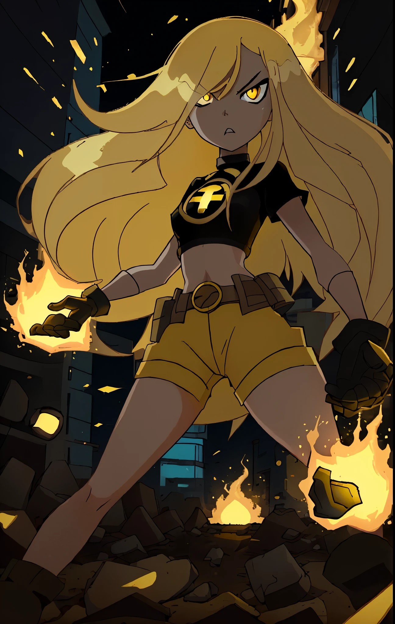 masterpiece,best quality, thick outline, (cartoon),1girl, solo,  Terra_DcCartoon, furious, long blonde hair, glowing yellow eyes, glowing yellow hands, hand up, debris, yellow lights, black shirt, yellow shorts, flame eyes, belt,  eyeliner,   in the city, sfw, 