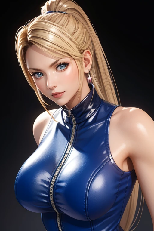 Sarah, blue eyes, long hair, blonde hair, high ponytail, bodysuit, Shoulders exposed, (arms exposed:1.2), (tight blue bodysuit:1.1), belt ,sleeveless, zipper, boots, high heels, earrings, fingerless gloves, BREAK masterpiece, 1 girl, RAW photo, (best quality:1.2), extremely delicate beautiful, very detailed, 2k wallpaper, amazing, fine details, extremely detailed CG Unity 8k wallpaper, super detailed, high resolution, (beautiful detailed girl:1.2), perfect anatomy, (shiny clothes:1.1), (smile:1.2), (large breasts:0.5), (upper body:1.4), (Realistic, Photorealistic:1.0), (thin nose:1.2), (breast focus:1.3), 20 year old, high nose bridge, (blue clothes:1.2), fighting pose, fighting arena,
