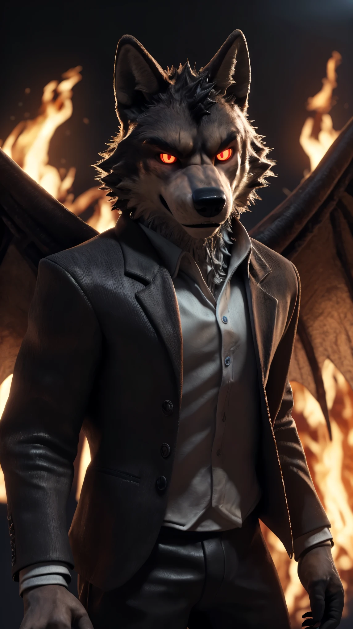 (best quality,120k,highres,masterpiece:1.4),ultra-detailed,(photorealistic:1.37),(the ultimate Orochi Mr. Wolf),red glowing eyes,staring at the viewer,detailed facial features,same design as Iori Yagami,background from The King of Fighters XV,fiery background,serious expression,on a realistic face Full body black wings open.