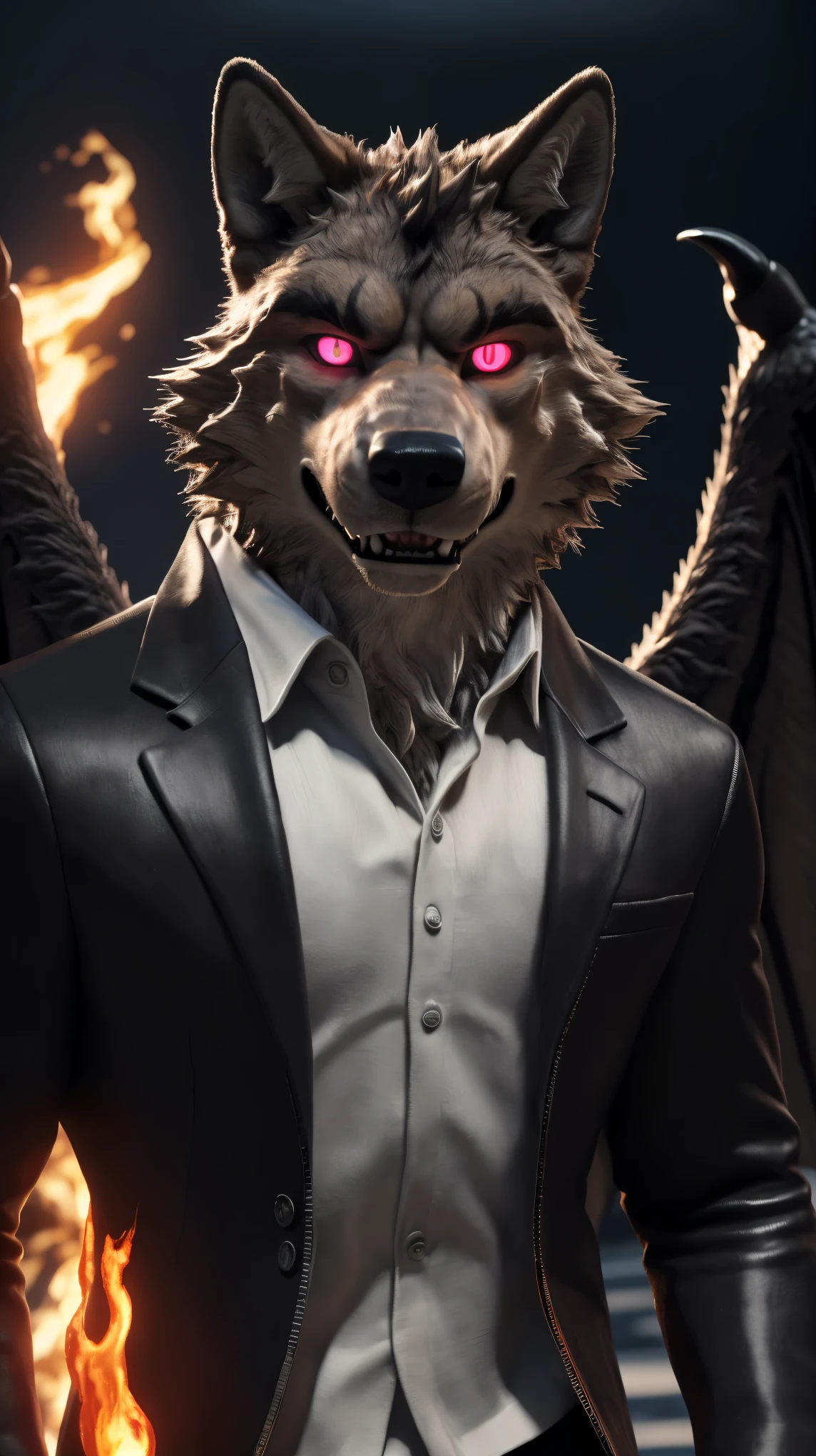 (best quality,120k,highres,masterpiece:1.4),ultra-detailed,(photorealistic:1.37),(the ultimate Orochi Mr. Wolf),red glowing eyes,staring at the viewer,detailed facial features,same design as Iori Yagami,background from The King of Fighters XV,fiery background,serious expression,on a realistic face Full body black wings open.