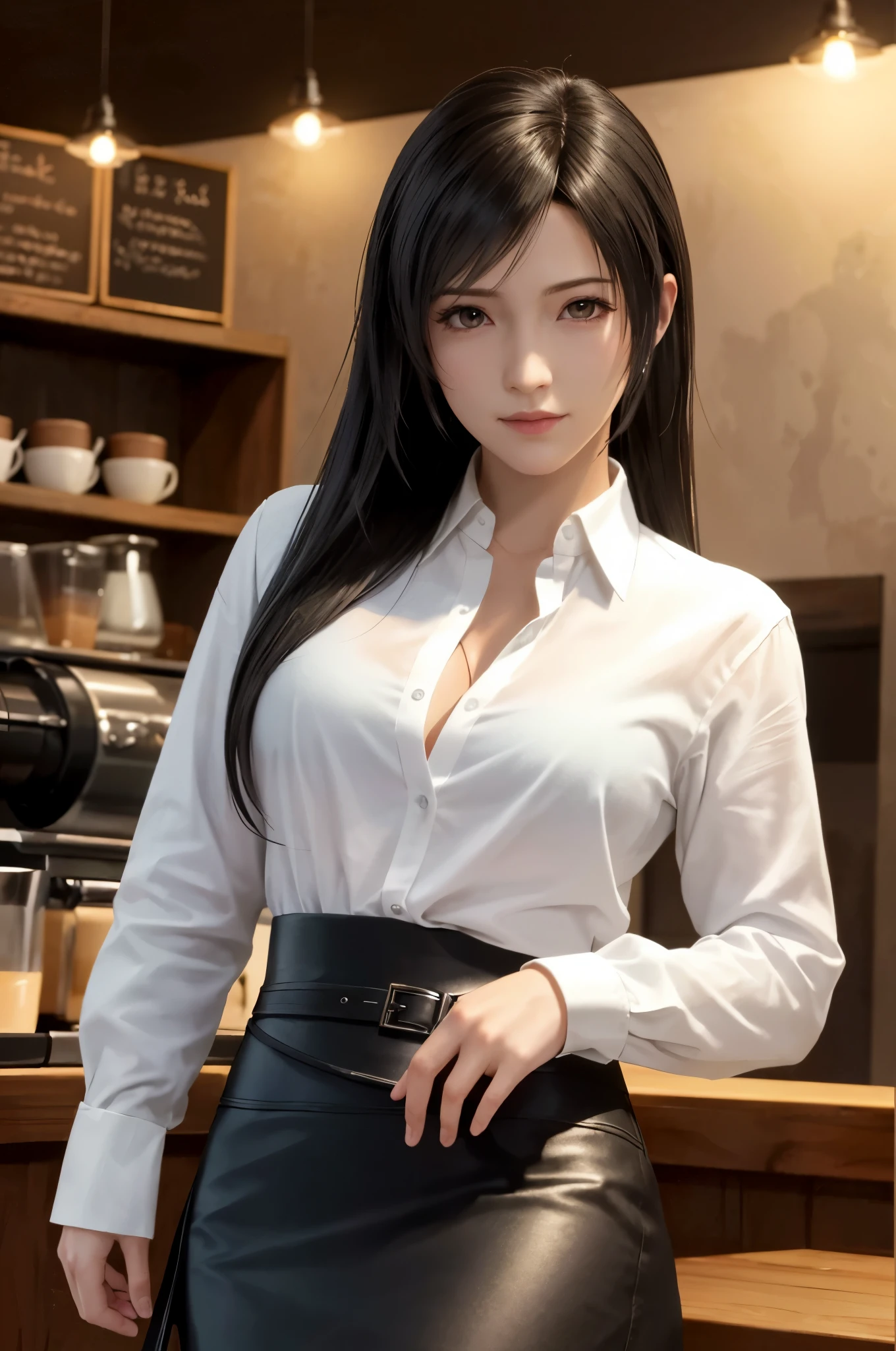(Top Quality, Masterpiece: 1.1), (Realistic: 1.3), (location: a cozy coffee shop with warm lighting),(objects: a collection of high-end coffee equipment and freshly roasted beans), BREAK
(((FF7,Tifa_lockhart))),Ultra-detailed face, Detailed eyes,(Light Brown Hair, Large breasts: 1.0),about 18 years old,(barista:1.1), BREAK  (((FF7,Tifa_lockhart))),(white see-through collared shirt, long sleeves,black cafe-apron over shirt,black trousers),(shiny oiled skin: 1.1),kawaii,Smile