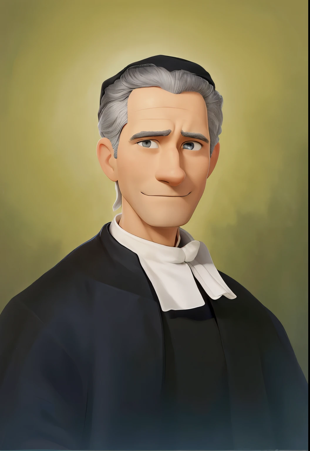 a cartoon of a man in a black robe and a white collar, henri berthaut, portrait gracious saint, Saint Miguel Febres Cordero, fringe hair, (wearing a black skullcap), portrait image,