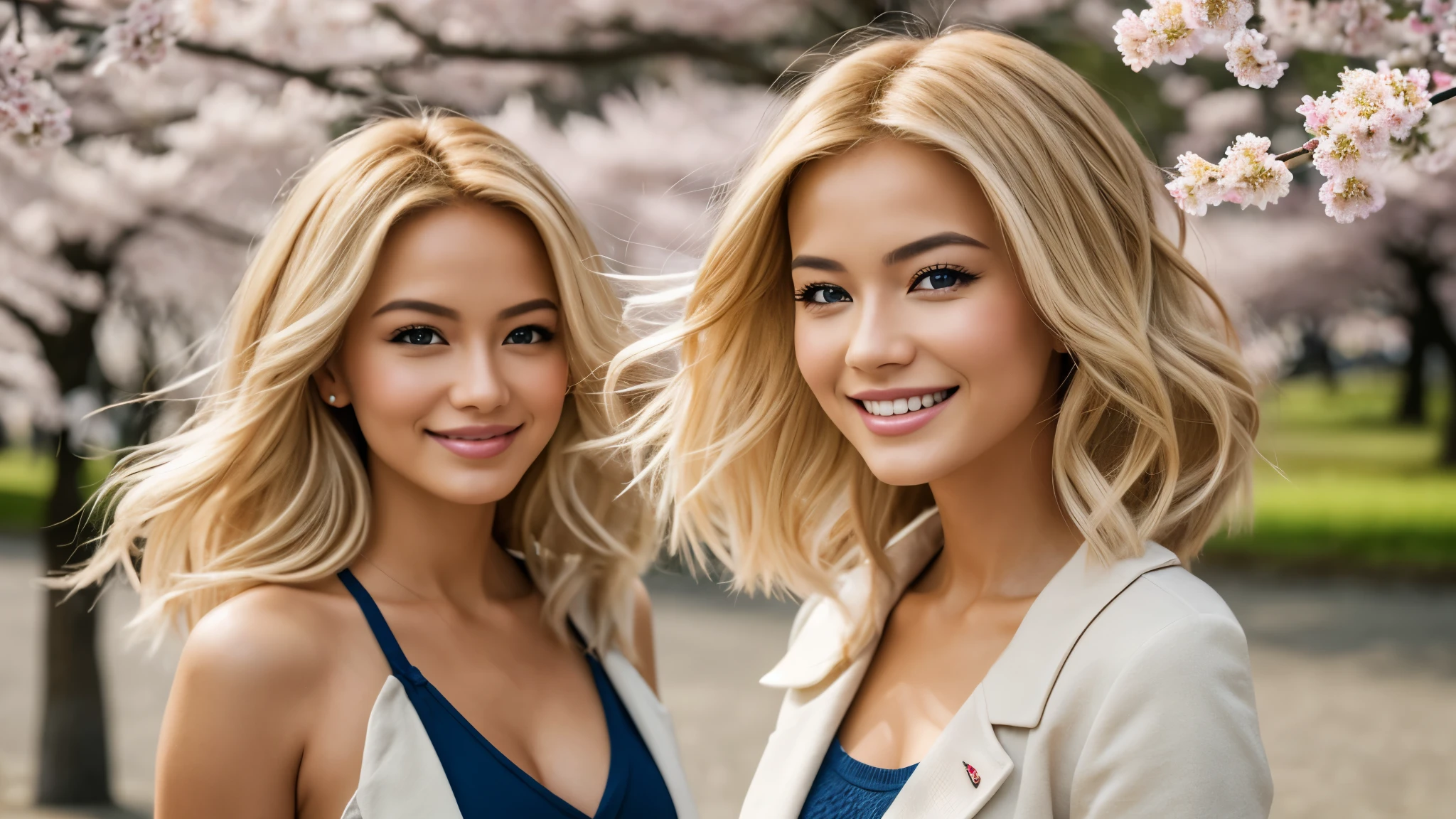 Photorealistic of an insanely beautiful woman with blonde windy messy hair, in the style of Panasonic Lumix's pro 50mm f/1.4, light beige and dark azure, celebrity images mashups, soft realism, barbie-core, unreal engine 5, 32k UHD, luminous quality, swiss realism, Take a walk in the park with cherry blossoms, Japan, smile a little,