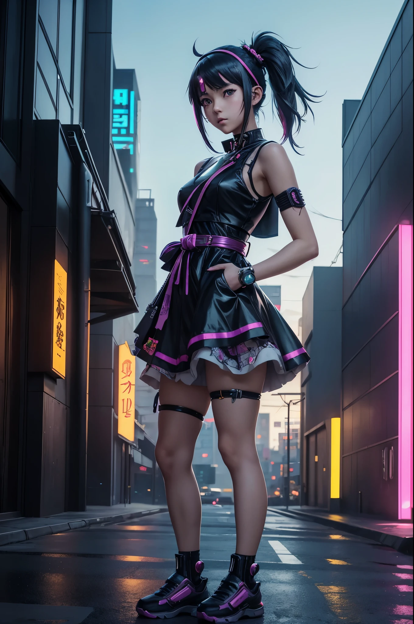 anime girl in a dress and headband standing in front of a building, digital cyberpunk anime art, digital cyberpunk - anime art, anime cyberpunk art, cyberpunk anime girl, cyberpunk anime girl mech, anime style 4 k, best anime 4k konachan wallpaper, cyber school girl, cyberpunk anime art, portrait anime space cadet girl, anime girl of the future, dreamy cyberpunk girl