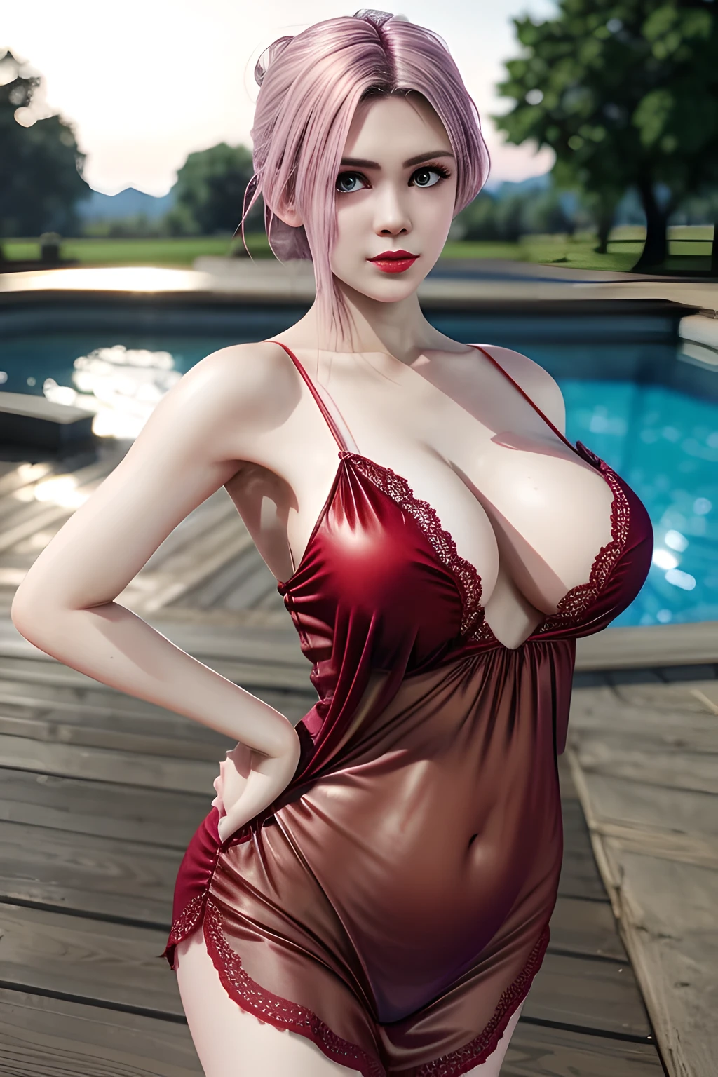 1 girl,Alice,(pajamas),Red_pajamas,outdoor, (standing posture),grace,(((red lips))), Lips slightly open, clavicle,Lactation,(huge breasts),shiny skin,((8k, original photo, top quality, masterpiece), HD RAW color photos professional close-up photos, (actual, photorealism: 1.37), (best quality),8k,Fabric luster,alone,