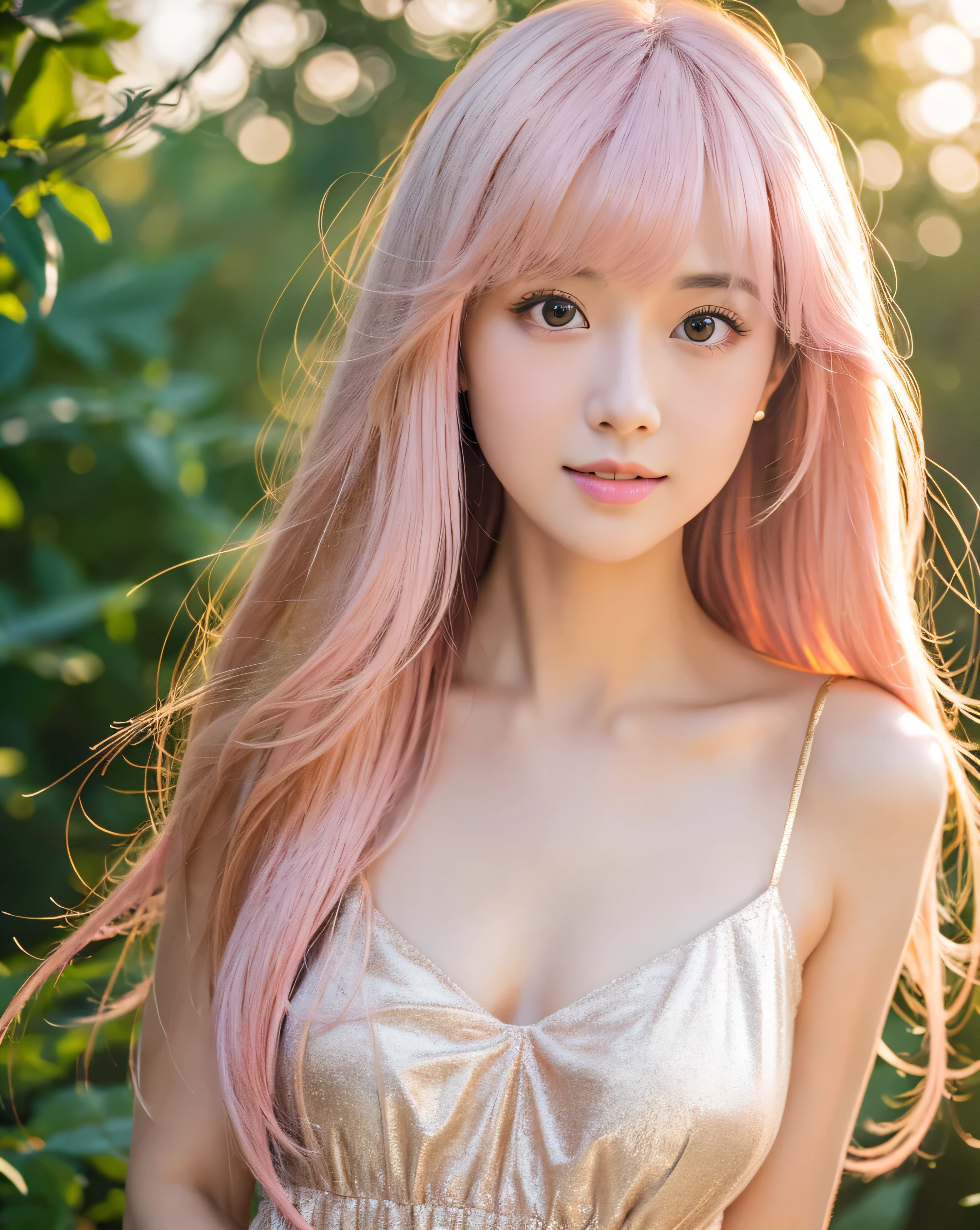 Cute Japan Woman、Long wavy hair、Hair color is pale light green、The hair is light pink、naked、muscular、back view、open your legs a little