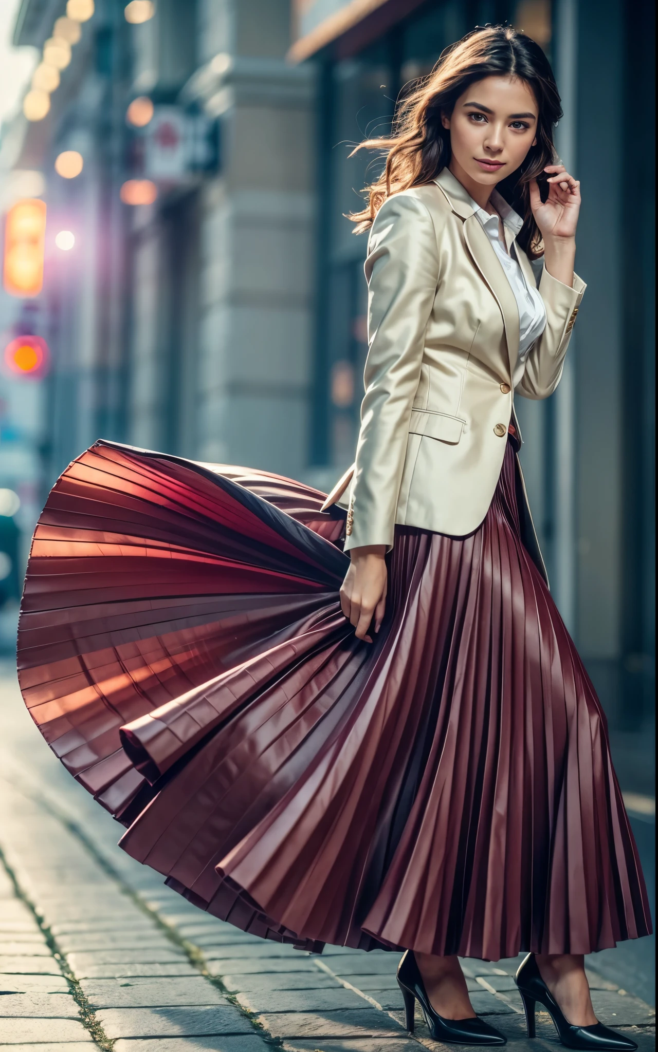 A smiling, authentic, (shy:1,3), kind, beautiful woman, in love with her skirt, while wind lifts her skirt, wearing short blazer and very very detailed (long (fully pleated) full circle skirt) and (simple) low heeled office shoes, very very intricate hyper-detailed symmetric (attractive graceful young feminine face) with (sad, tired eyes and a shy smile), large breasts, full of empathy and compassion and love, (pronounced (feminine) features), (highly detailed ultra accurate realistic) hands and fingers, (windy), epic composition, highly detailed attributes, (35mm f1.4 Kodak portra 400 photograph), extremely high quality RAW photograph, highly detailed atmosphere, sci-fi, cinematic shot, dynamic lighting, 75mm, Technicolor, Panavision, cinemascope, sharp focus, fine details, 8k, HDR, realism, realistic, key visual, film still, superb cinematic color grading, depth of field