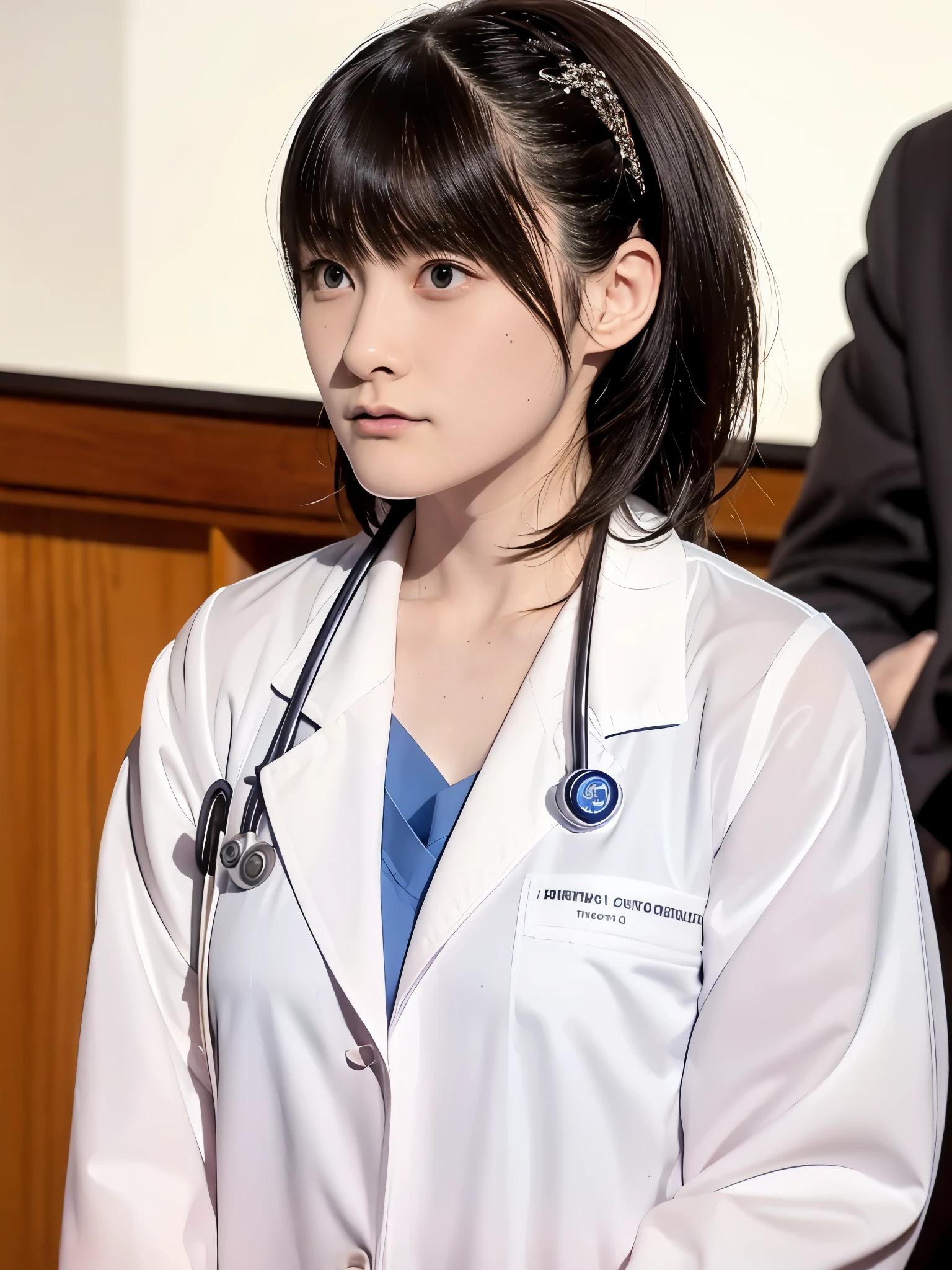 ((masterpiece, highest quality, Super detailed)),princess cut, dull bangs,beauty, one japanese girl, black hair, slender, Background Hospital, clear,doctor, white clothes,doctor dress,modern medical equipment,Medical Instruments,medical environment,indoor scenes,high-tech atmosphere, Stethoscope, a notepad,pens,card,patient information,Computer Monitor,((Doctor Style)),