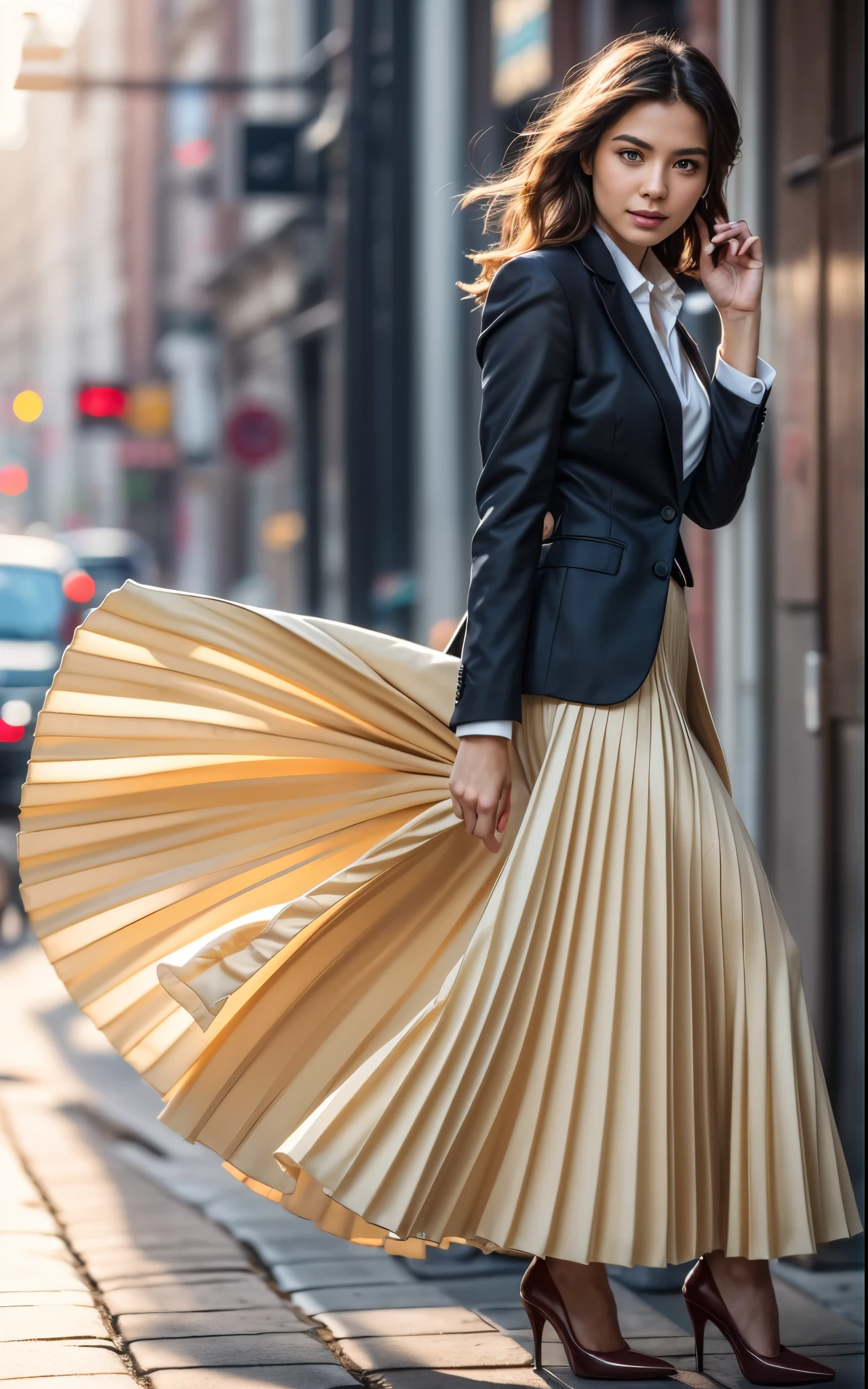 A smiling, authentic, (shy:1,3), kind, beautiful woman, in love with her skirt, while wind lifts her skirt, wearing short blazer and very very detailed (long (fully pleated) full circle skirt) and (simple) low heeled office shoes, very very intricate hyper-detailed symmetric (attractive graceful young feminine face) with (sad, tired eyes and a shy smile), large breasts, full of empathy and compassion and love, (pronounced (feminine) features), (highly detailed ultra accurate realistic) hands and fingers, (windy), epic composition, highly detailed attributes, (35mm f1.4 Kodak portra 400 photograph), extremely high quality RAW photograph, highly detailed atmosphere, sci-fi, cinematic shot, dynamic lighting, 75mm, Technicolor, Panavision, cinemascope, sharp focus, fine details, 8k, HDR, realism, realistic, key visual, film still, superb cinematic color grading, depth of field