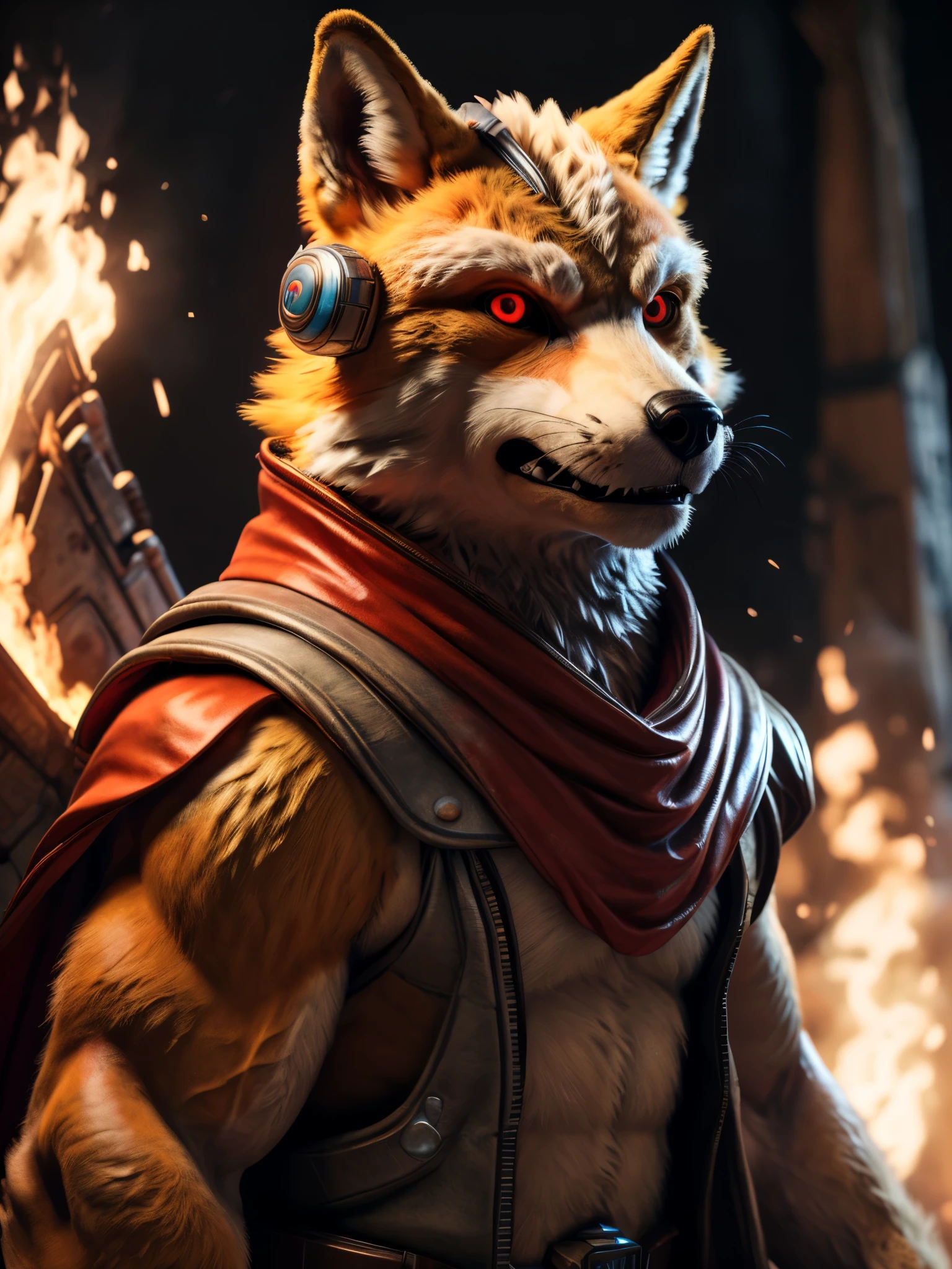 (best quality,16k,32k,highres,masterpiece:1.2),ultra-detailed,(realistic,photorealistic,photo-realistic:1.37),(Orochi Fox Mccloud) glowing red eyes realistic fire background of totally destroyed Ship alone looking at the camera serious expression brave and confident wearing a red hood cape Open golden wings.