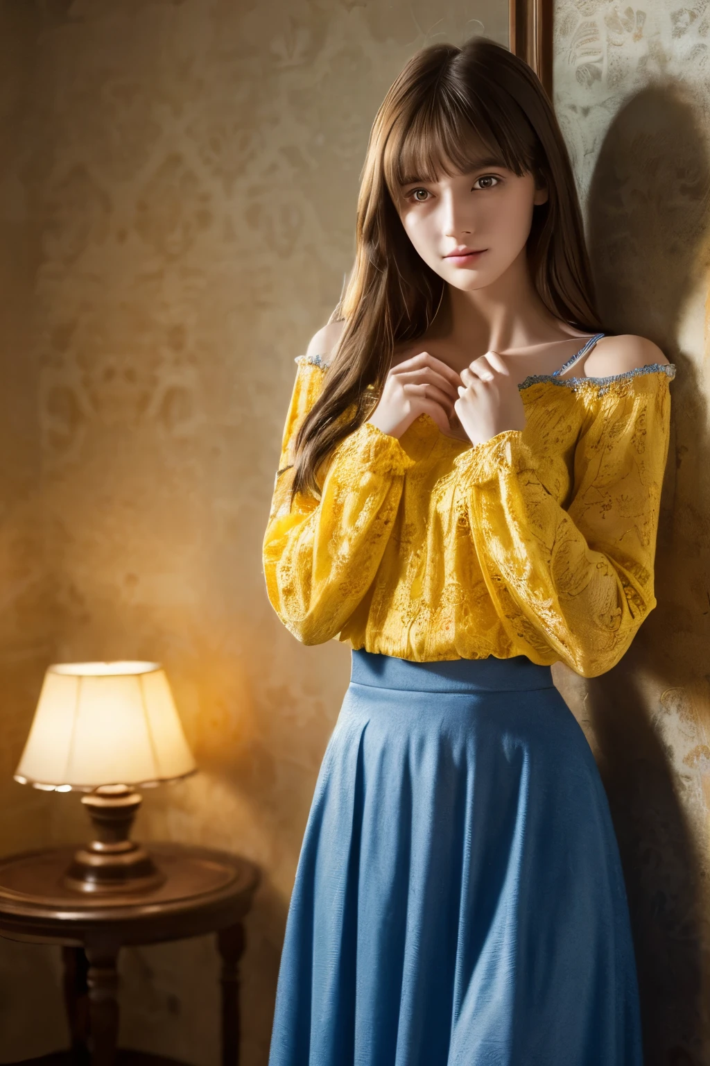 (alone:1.5),(masterpiece:1.5),(highest quality:1.5),(bust:1.3),wonderful,beautiful details,highly detailed wallpaper,Highly detailed CG Unity 8K wallpaper,extremely delicate and beautiful eyes,girl,yellow blouse,blue long skirt,realistic,photorealistic,winter, full body standing
