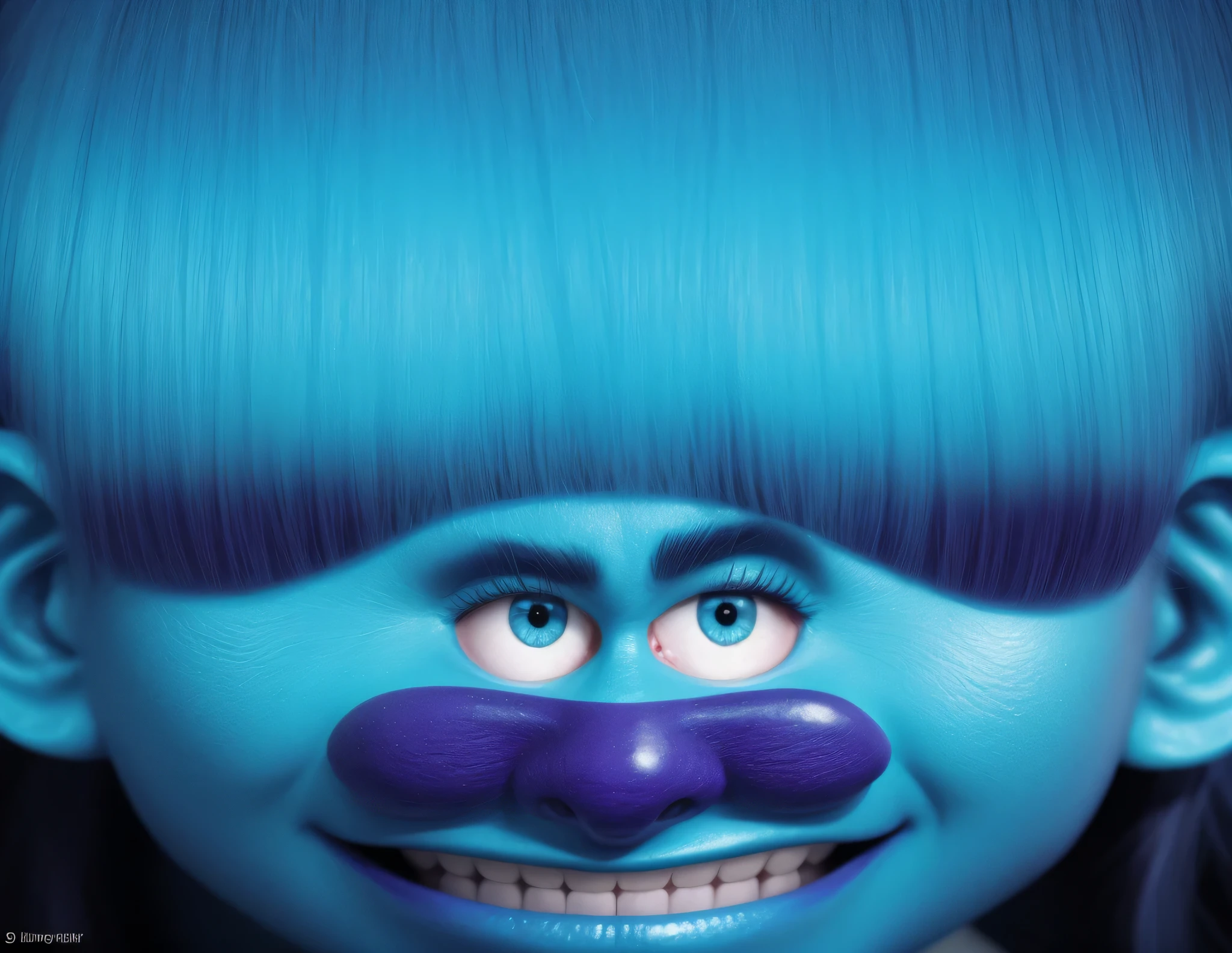 The photo shows a frame from a cartoon "Trolls". The blue troll character Branch is depicted with a sense of surprise.. На нем крупным планом изображен blue troll с двумя большими голубыми вьющимися глазами, raised up in surprise.. The troll has a blue face with dark blue eyebrows and blue eyes.. He has a big purple nose underneath. He has a big purple nose underneath. It shows a close-up of a blue troll with large afro hair.. The troll has a blue face with dark blue eyebrows and blue eyes. with black eyelashes. He has a purple nose, blue troll, big blue eyes and black eyebrows.. blue troll с черными волосами и большими голубыми глазами. The troll has thick eyebrows and long eyelashes. glossy trolls with glossy texture, smooth 3d model, Multiple light sources, rim light, sharp rendering of post-effects, (Glossy metal texture with many large refractions of light probes), perfect CG, Anthropomorphic cat, Digital art, detailed Digital art, specular, Best quality, 4K, masterpiece:1.2, ultra detailed, Realistic, bright colors, dark and moody lighting, Highest quality image, ensuring every detail is showcased perfectly. It in 4K resolution, allowing viewers to be immersed in the richness of colors and intricate details. The Realistic rendering. in the spotlight, specular, High resolution image, Realistic rendering, dark background, and rim light